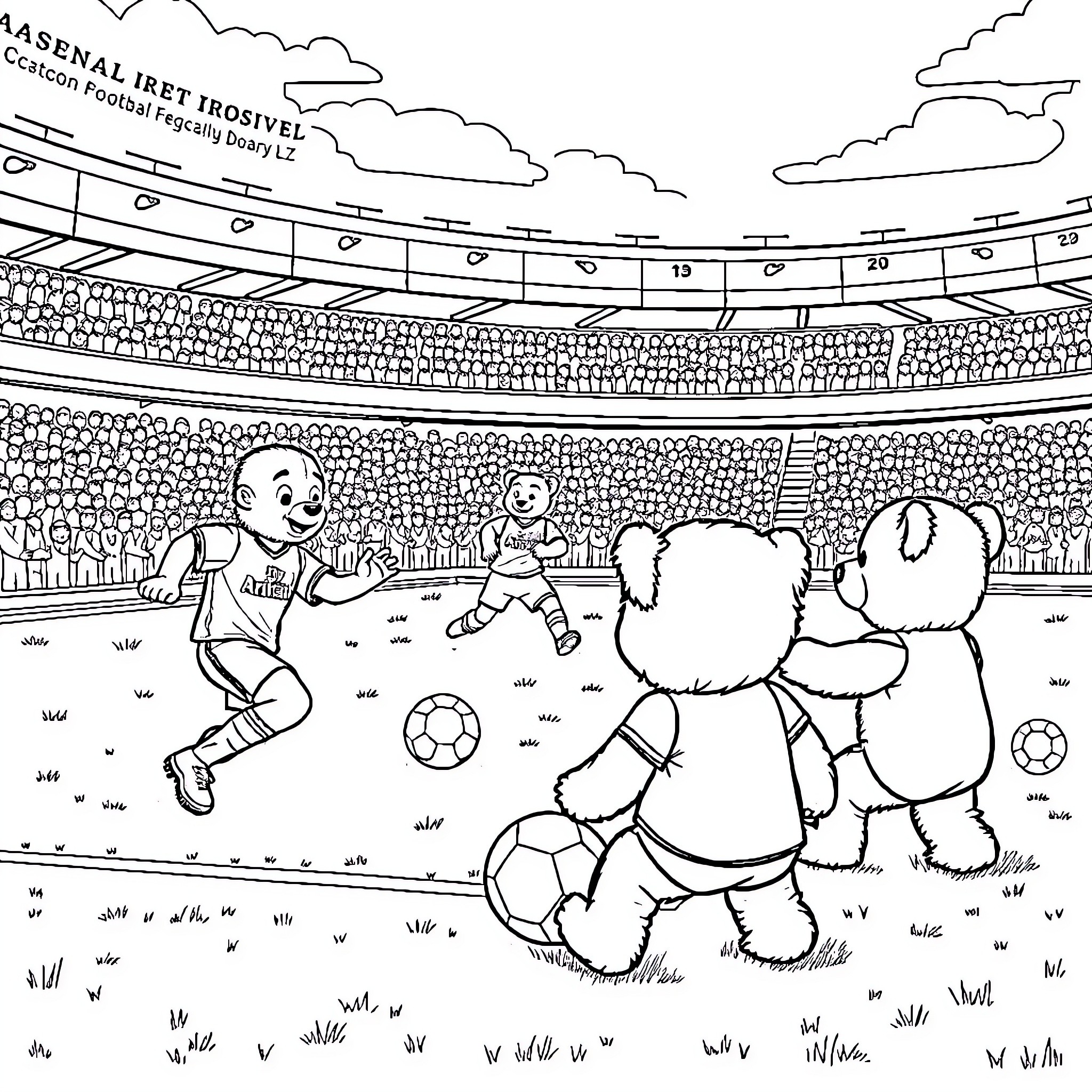 Teddy Bears Playing Soccer in the Stadium Coloring Page (free black-and-white line drawing printable PDF for all, from beginners to advanced learners, including children, teens, adults, and seniors)