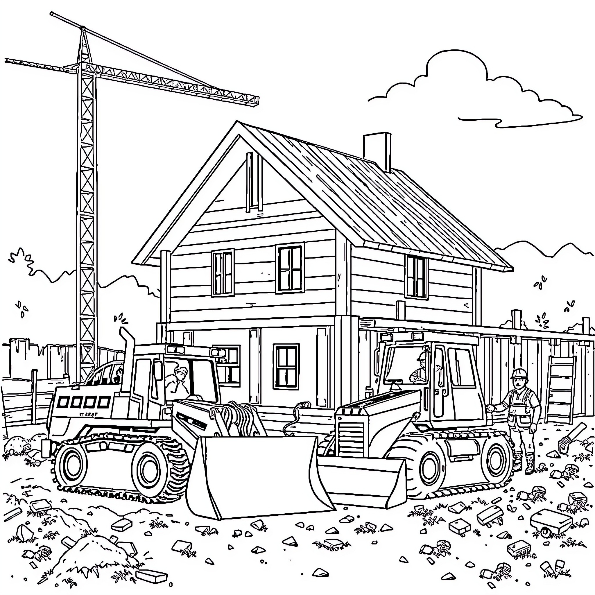 Chantier de construction avec machines et ouvriers Coloring Page (free black-and-white line drawing printable PDF for all, from beginners to advanced learners, including children, teens, adults, and seniors)