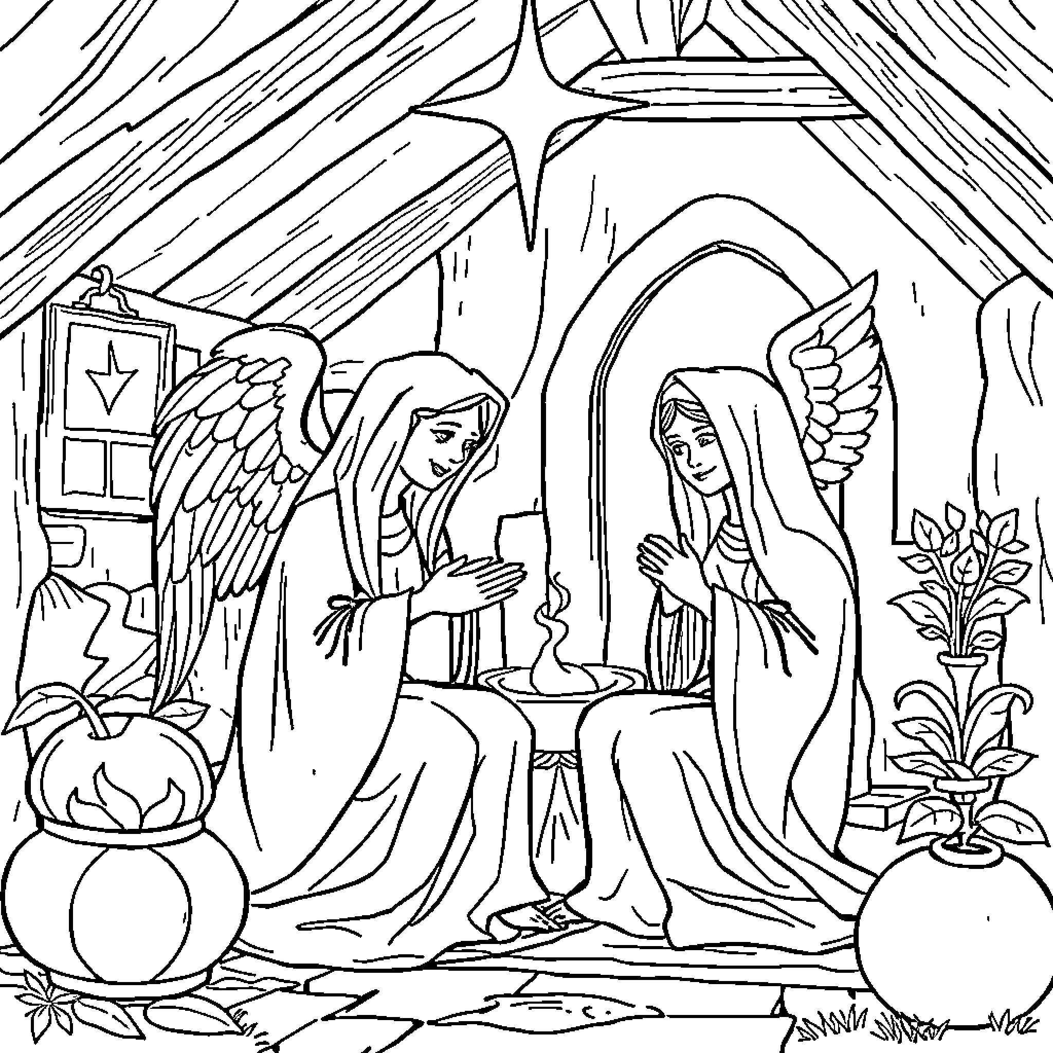 Angel messenger delivering divine message Coloring Page (free black-and-white line drawing printable PDF for all, from beginners to advanced learners, including children, teens, adults, and seniors)