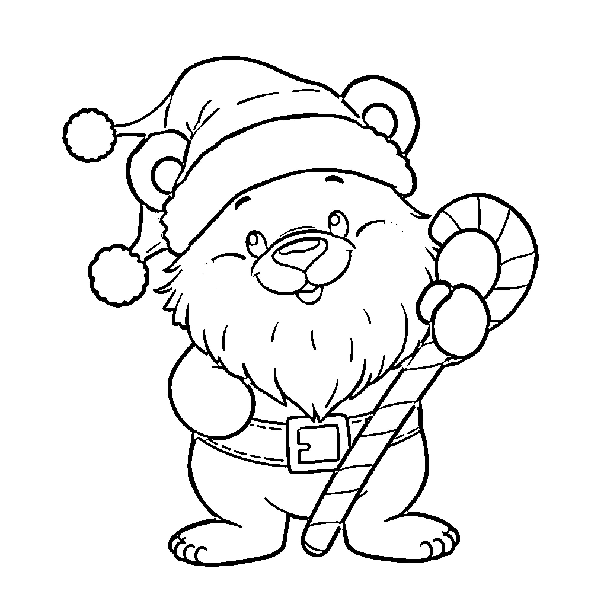 Santa Bear Holding Candy Cane and Smiling Coloring Page (free black-and-white line drawing printable PDF for all, from beginners to advanced learners, including children, teens, adults, and seniors)