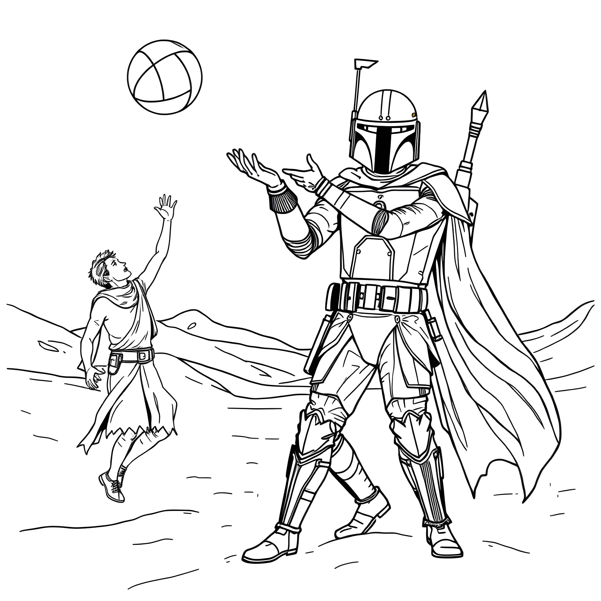 Tusken Rider engaging in combat against a foe Coloring Page (free black-and-white line drawing printable PDF for all, from beginners to advanced learners, including children, teens, adults, and seniors)