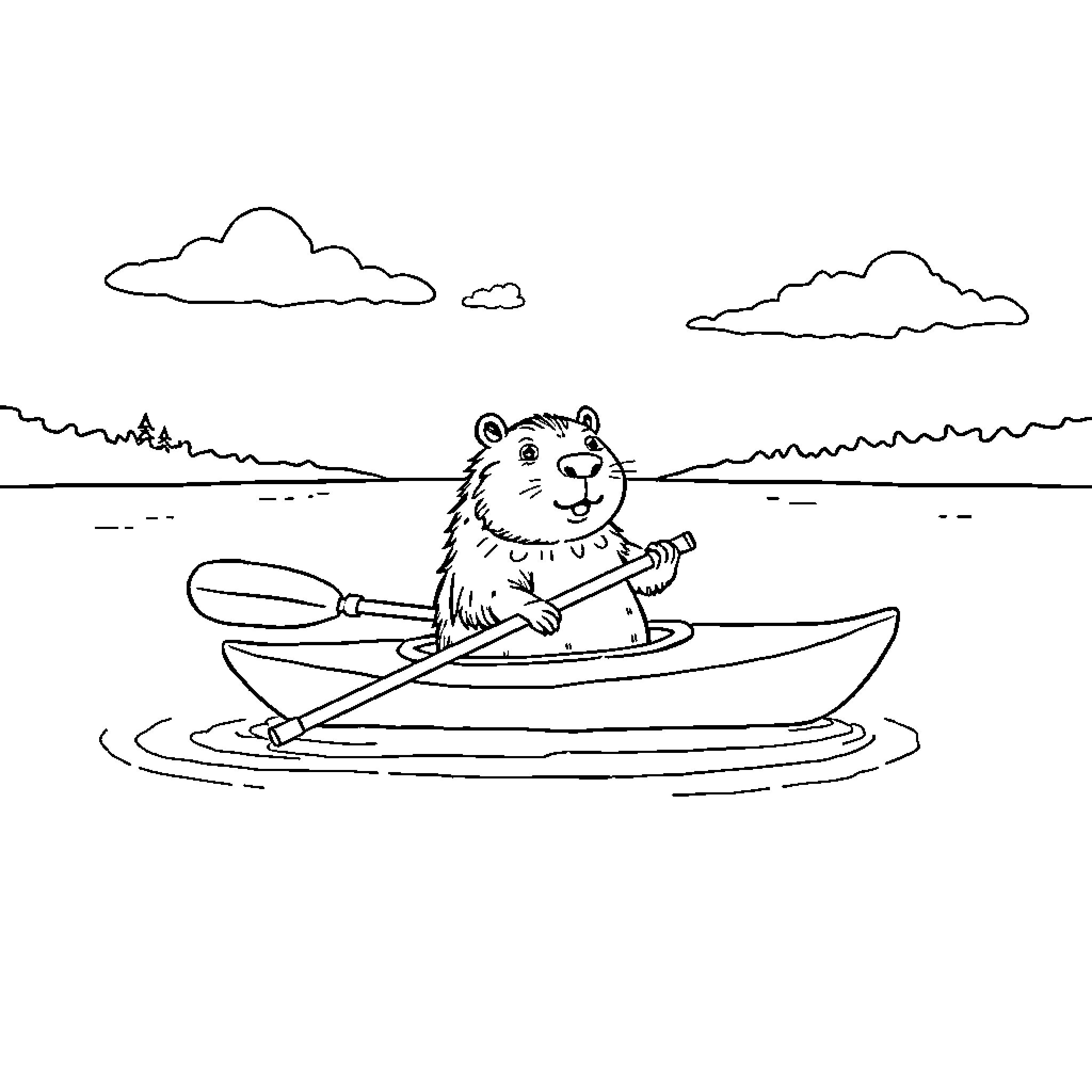 Capybara rowing a boat on a lake Coloring Page (free black-and-white line drawing printable PDF for all, from beginners to advanced learners, including children, teens, adults, and seniors)