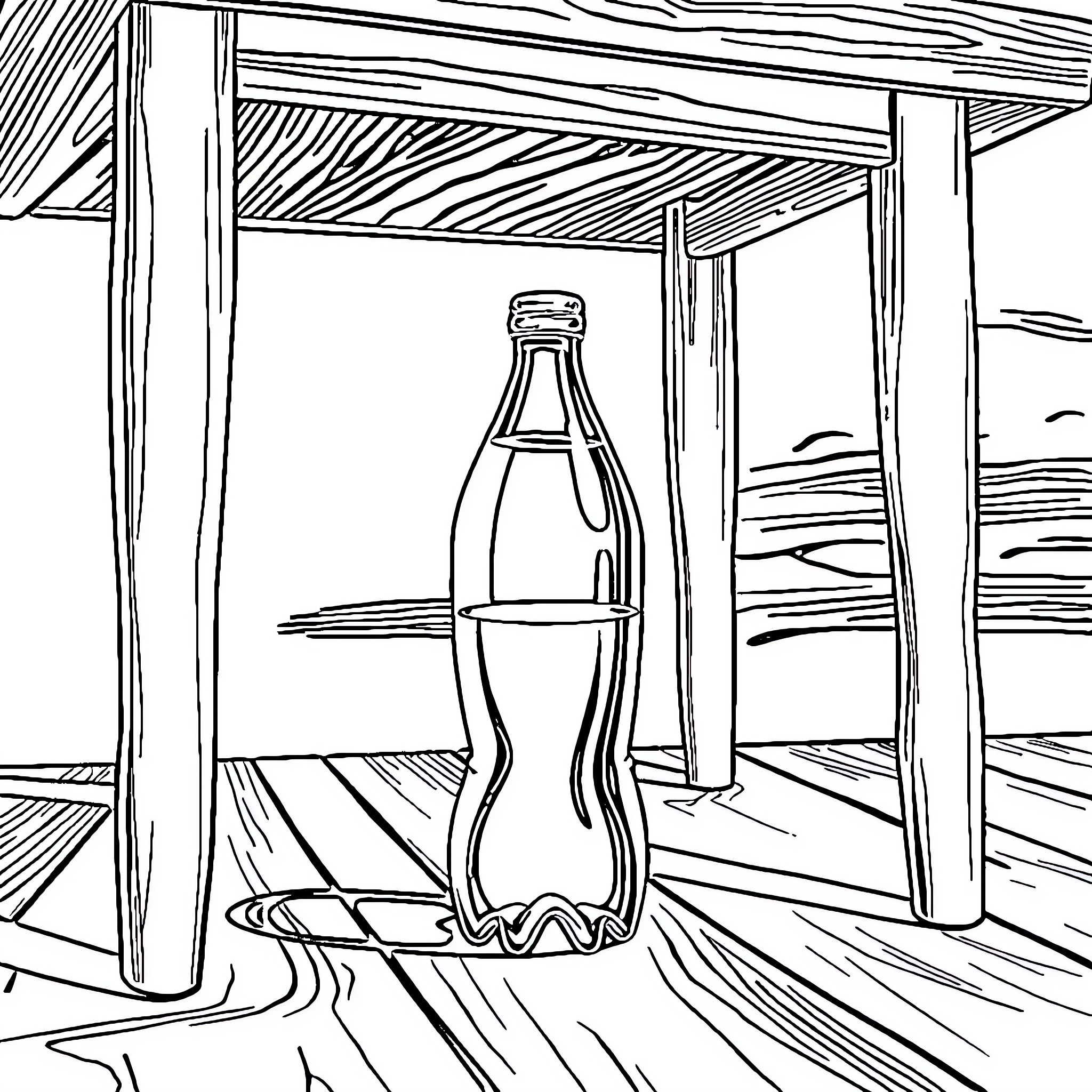 Bottle on the wooden table Coloring Page (free black-and-white line drawing printable PDF for all, from beginners to advanced learners, including children, teens, adults, and seniors)