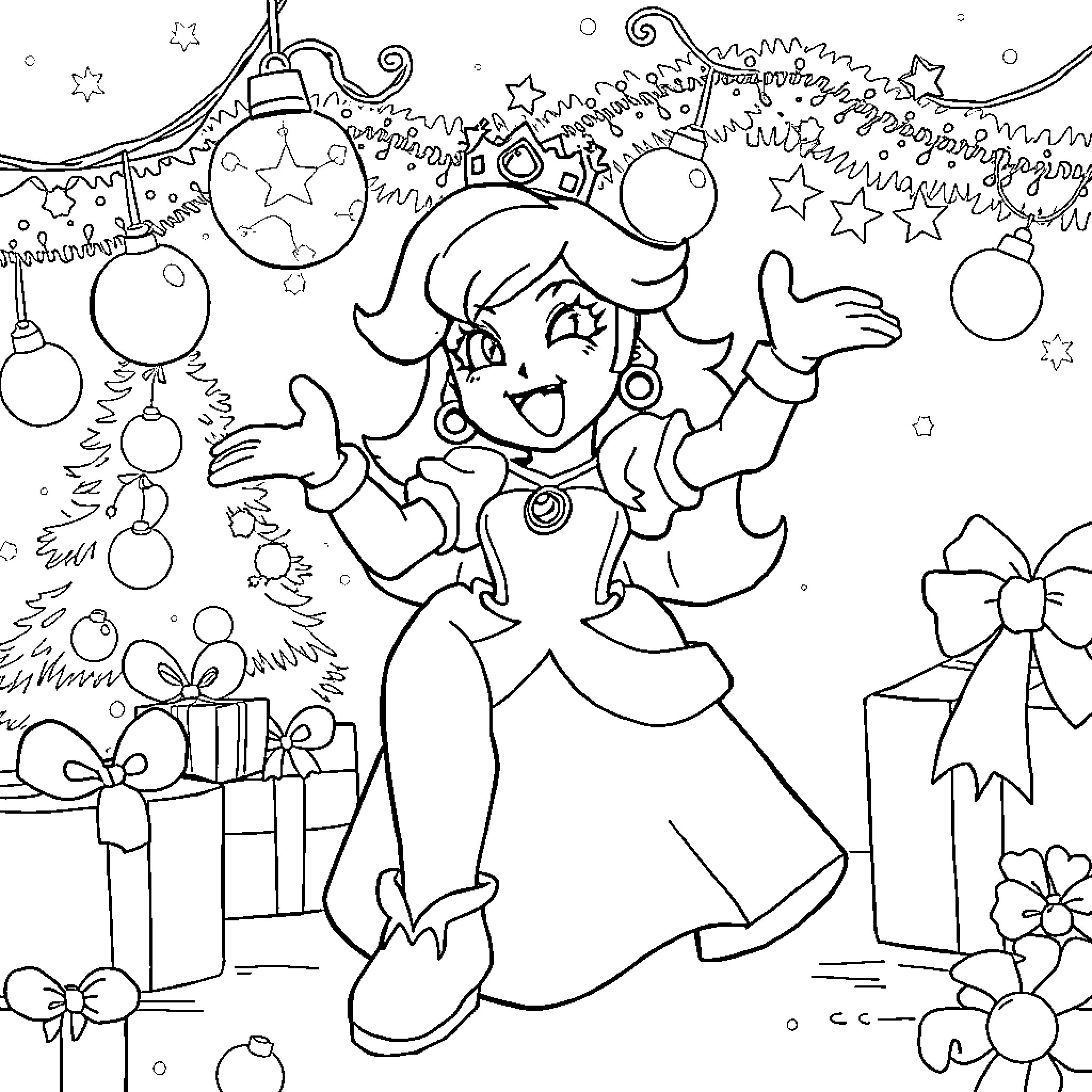 Princess Peach Celebrating the Holiday Season Coloring Page (free black-and-white line drawing printable PDF for all, from beginners to advanced learners, including children, teens, adults, and seniors)