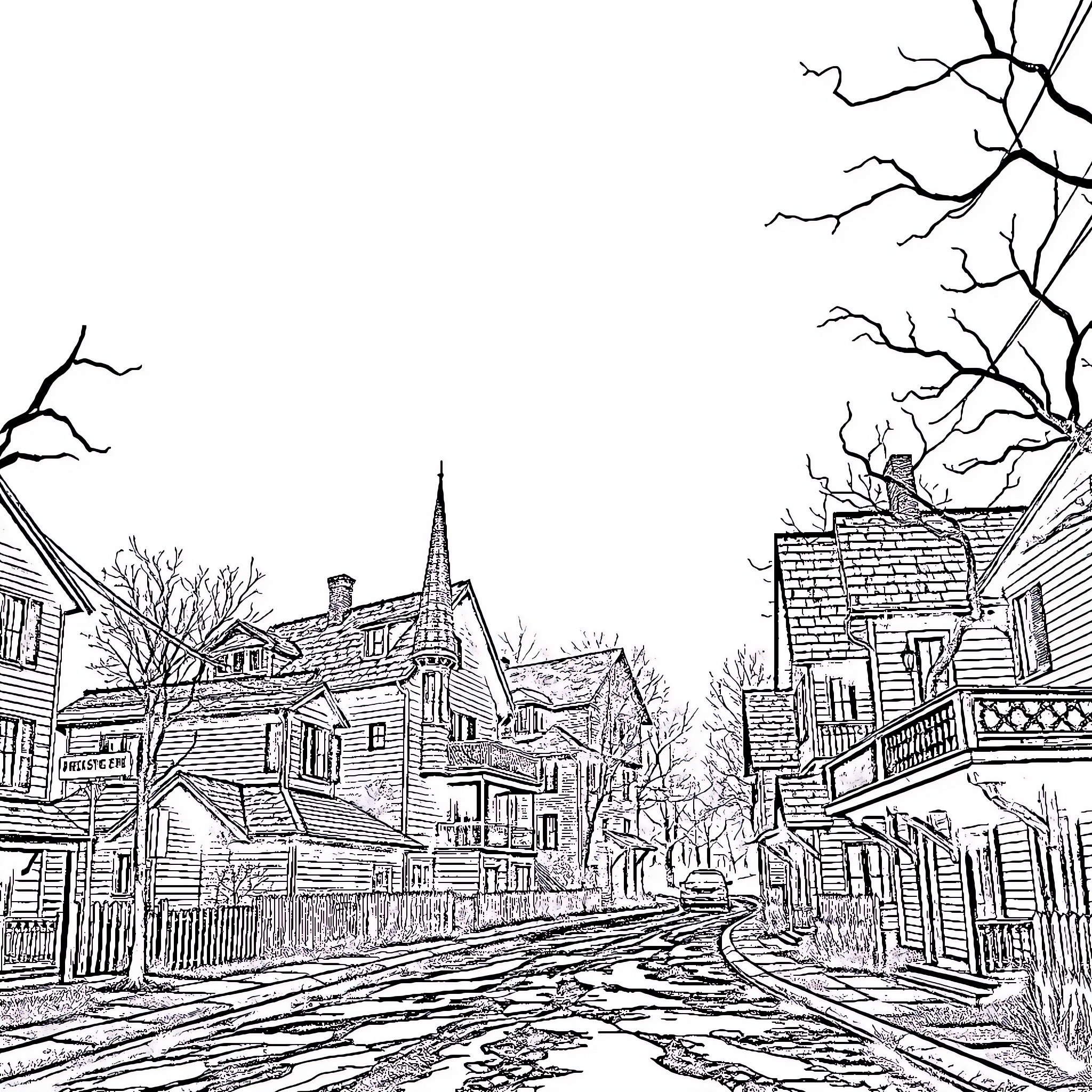 Silent Hill: Abandoned Neighborhood Shrouded in Darkness Coloring Page (free black-and-white line drawing printable PDF for all, from beginners to advanced learners, including children, teens, adults, and seniors)