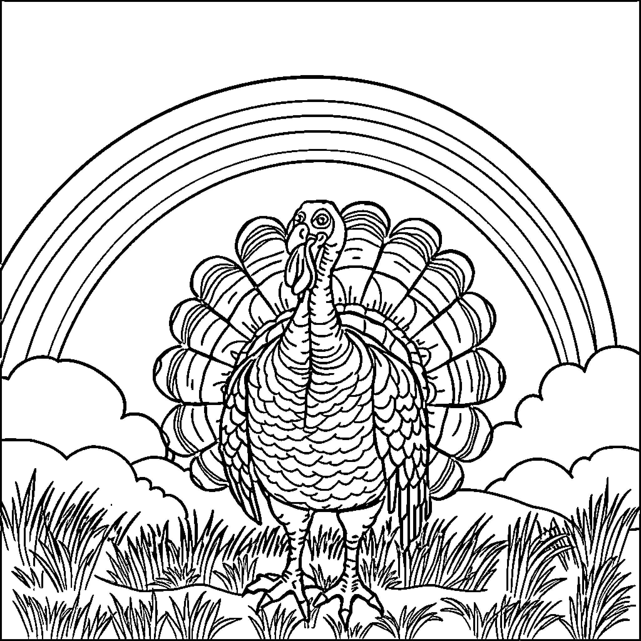 Turkey surrounded by rainbows and clouds in a meadow Coloring Page (free black-and-white line drawing printable PDF for all, from beginners to advanced learners, including children, teens, adults, and seniors)
