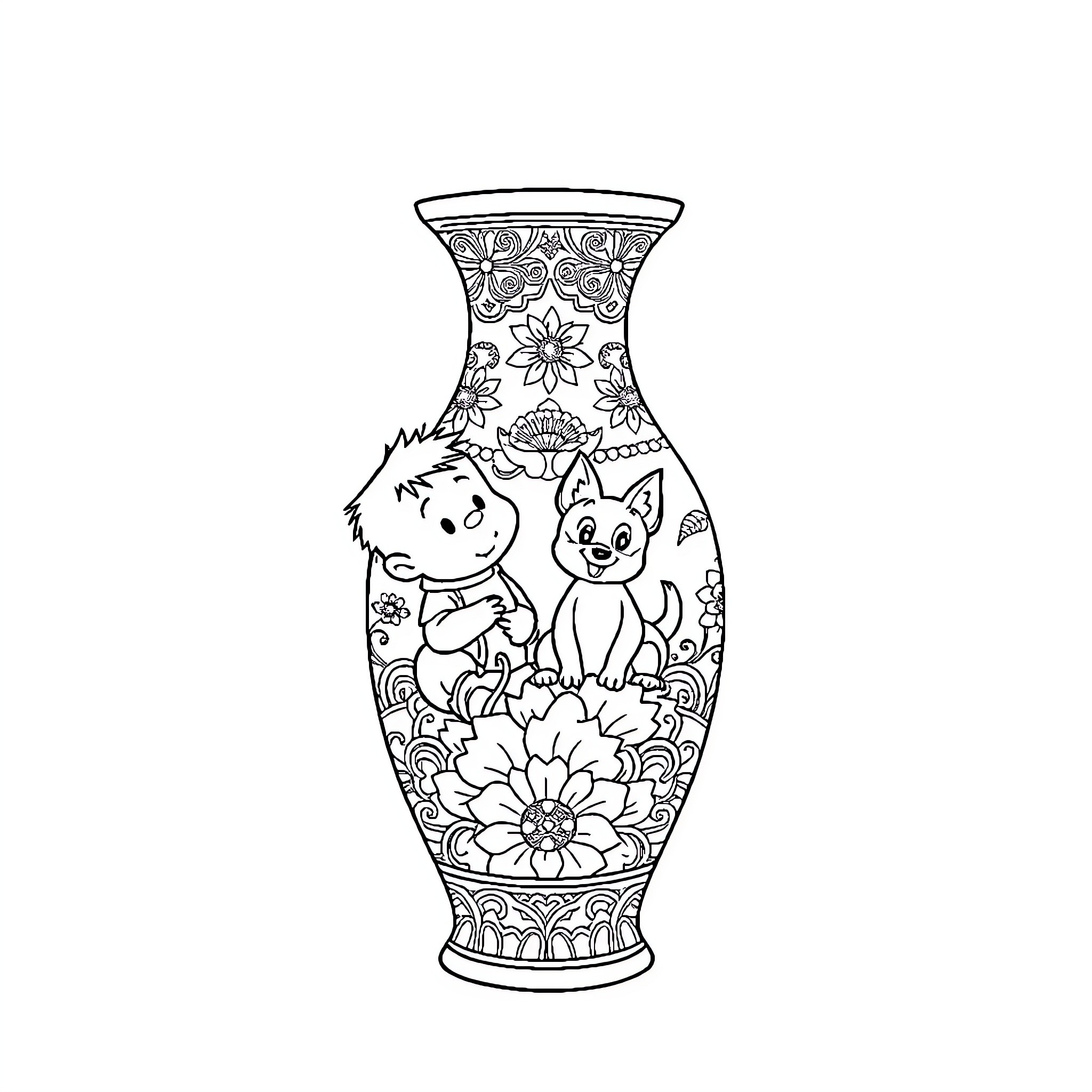 Tintin and cat friends in ornate vase Coloring Page (free black-and-white line drawing printable PDF for all, from beginners to advanced learners, including children, teens, adults, and seniors)