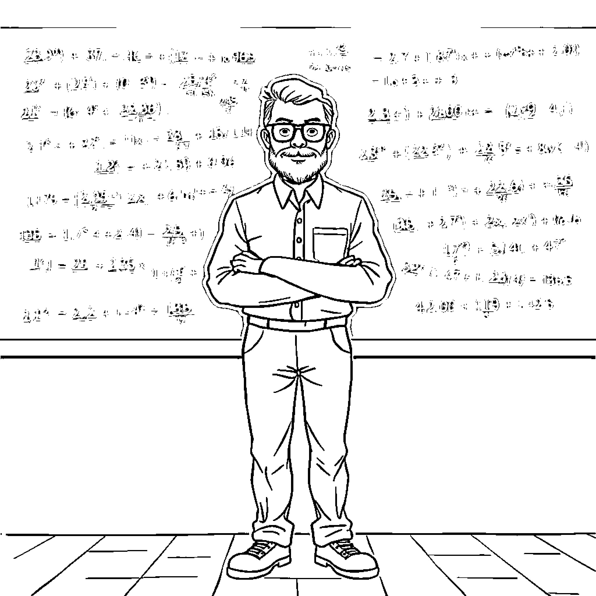 Math Teacher Explaining Complex Equations on Chalkboard Coloring Page (free black-and-white line drawing printable PDF for all, from beginners to advanced learners, including children, teens, adults, and seniors)