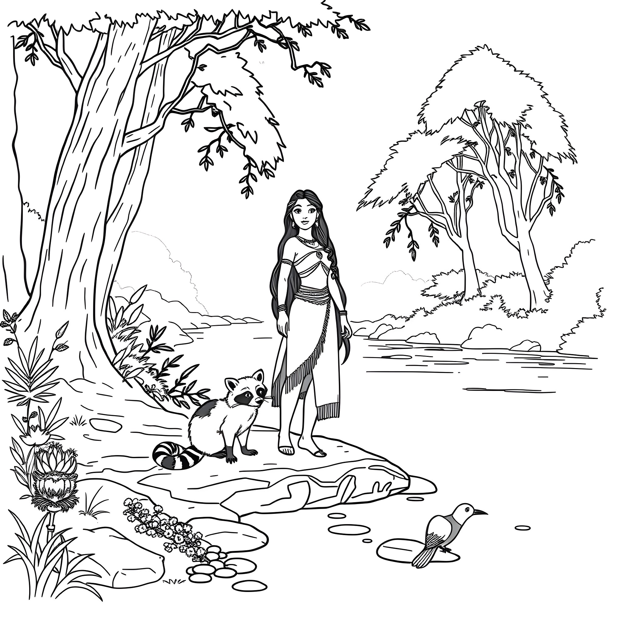 Pocahontas exploring the serene forest with animal companions Coloring Page (free black-and-white line drawing printable PDF for all, from beginners to advanced learners, including children, teens, adults, and seniors)