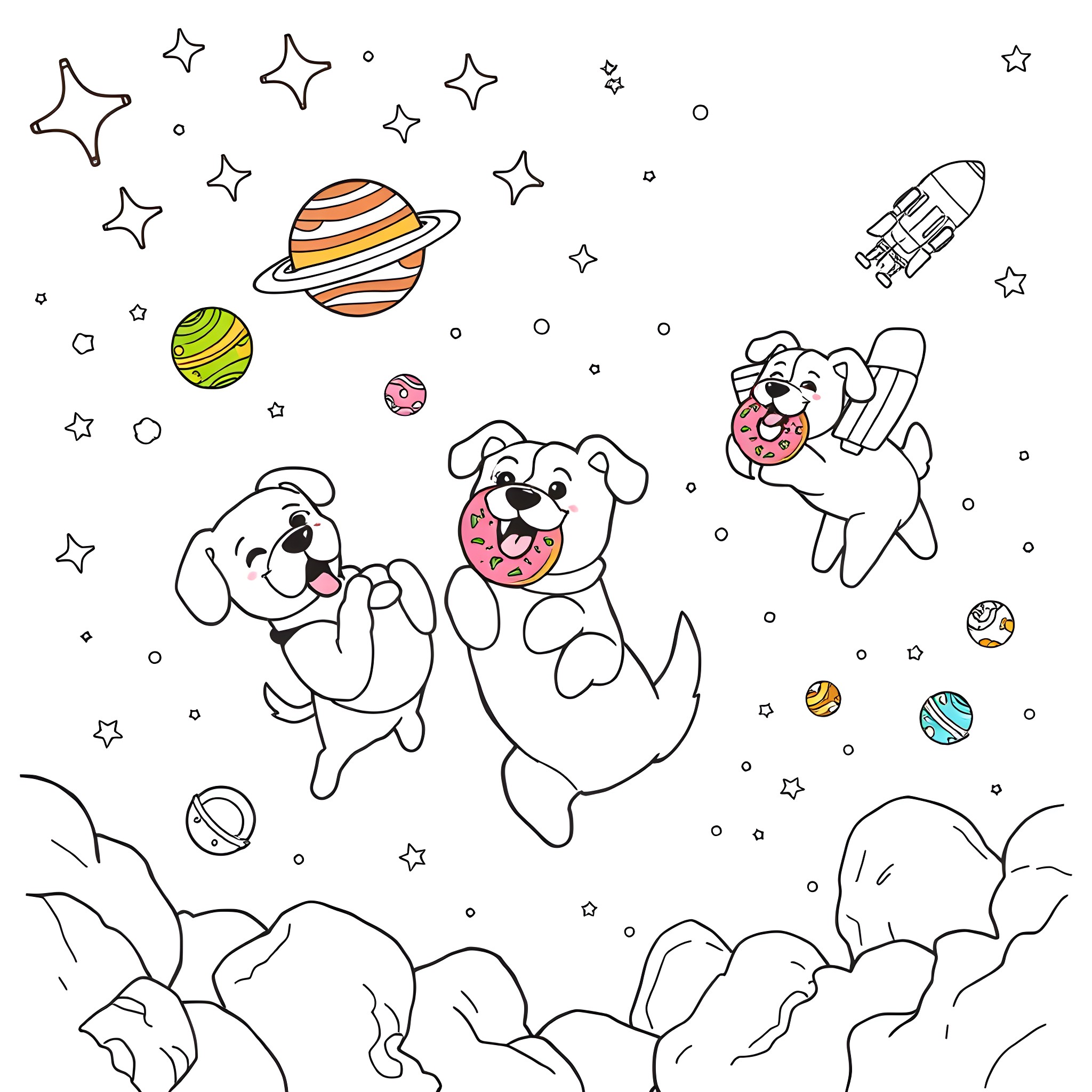 Dogs playing with toys in the galaxy Coloring Page (free black-and-white line drawing printable PDF for all, from beginners to advanced learners, including children, teens, adults, and seniors)