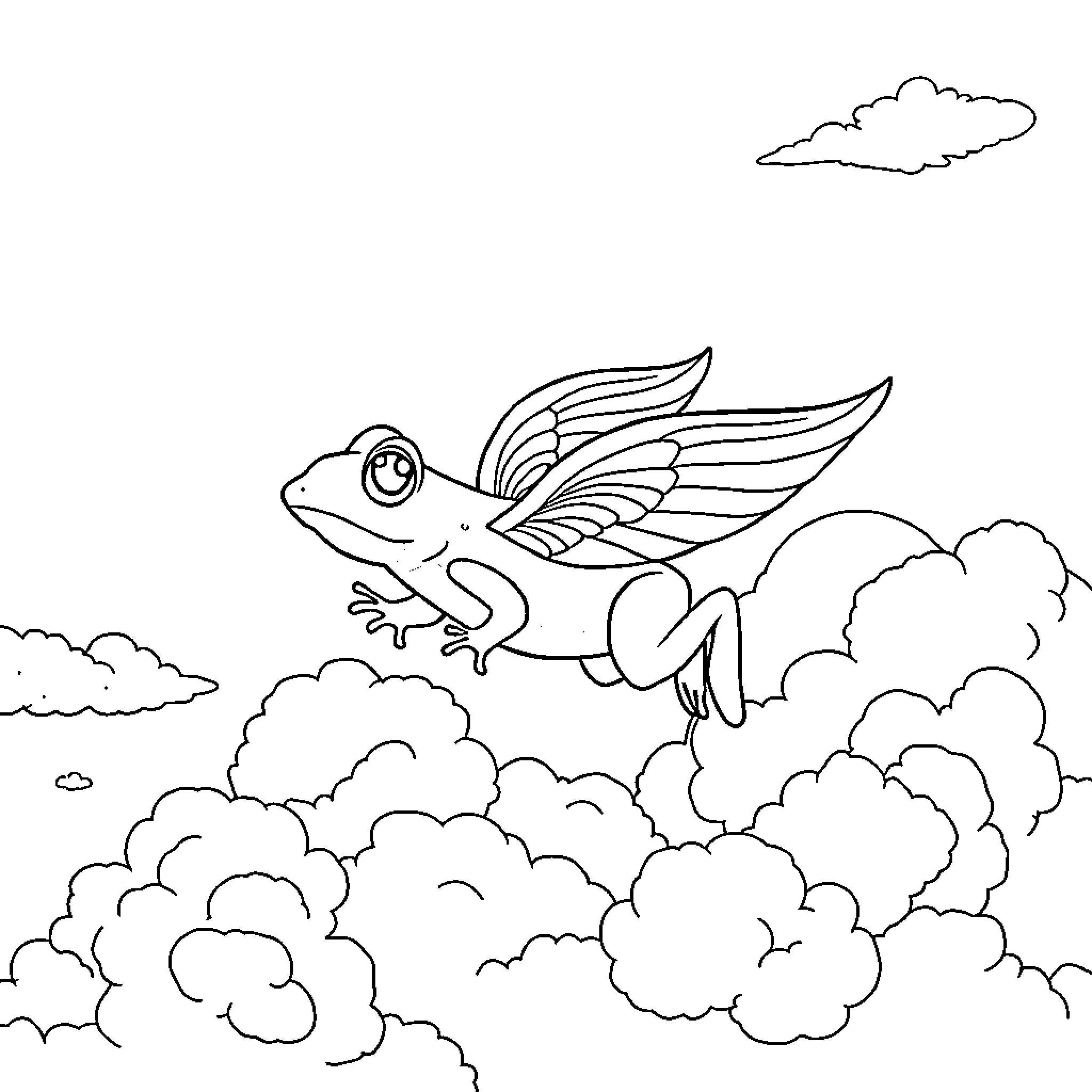 Frog soaring through cloudy skies Coloring Page (free black-and-white line drawing printable PDF for all, from beginners to advanced learners, including children, teens, adults, and seniors)