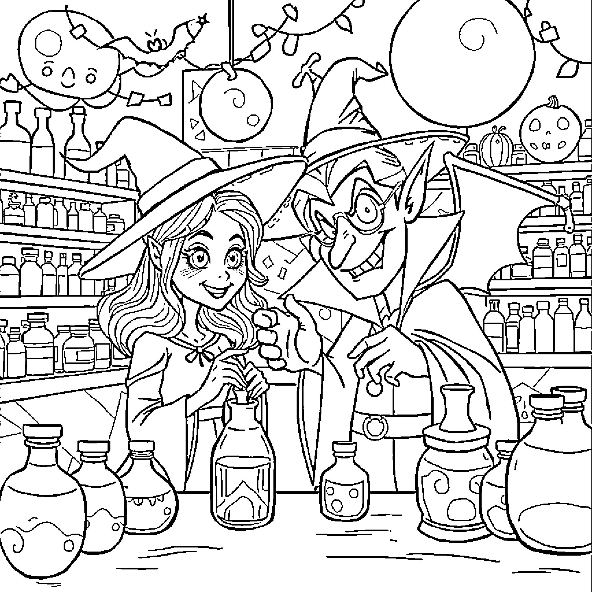 Halloween Character Preparing Potions in Enchanted Laboratory Coloring Page (free black-and-white line drawing printable PDF for all, from beginners to advanced learners, including children, teens, adults, and seniors)