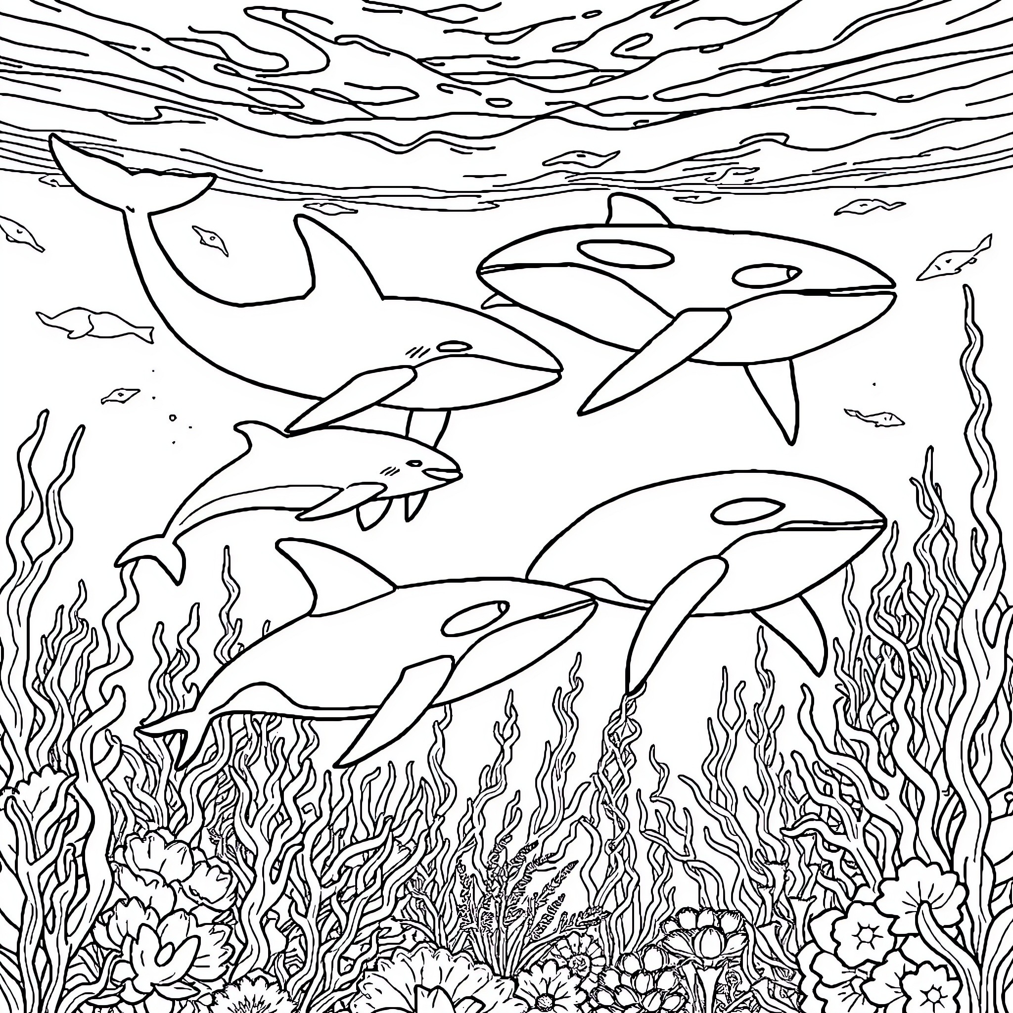 Dolphin family swimming in the ocean Coloring Page (free black-and-white line drawing printable PDF for all, from beginners to advanced learners, including children, teens, adults, and seniors)