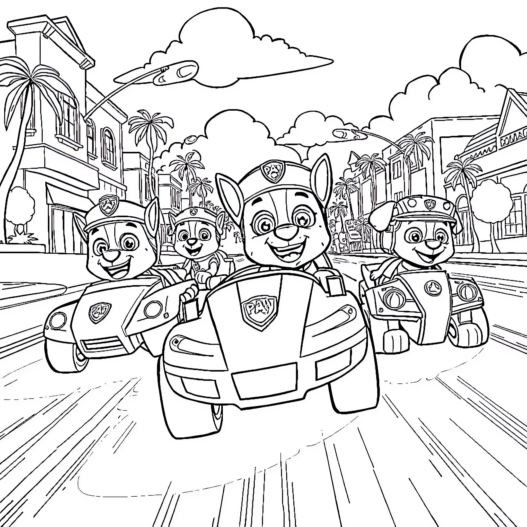 Paw Patrol team on an adventure in the city Coloring Page (free black-and-white line drawing printable PDF for all, from beginners to advanced learners, including children, teens, adults, and seniors)