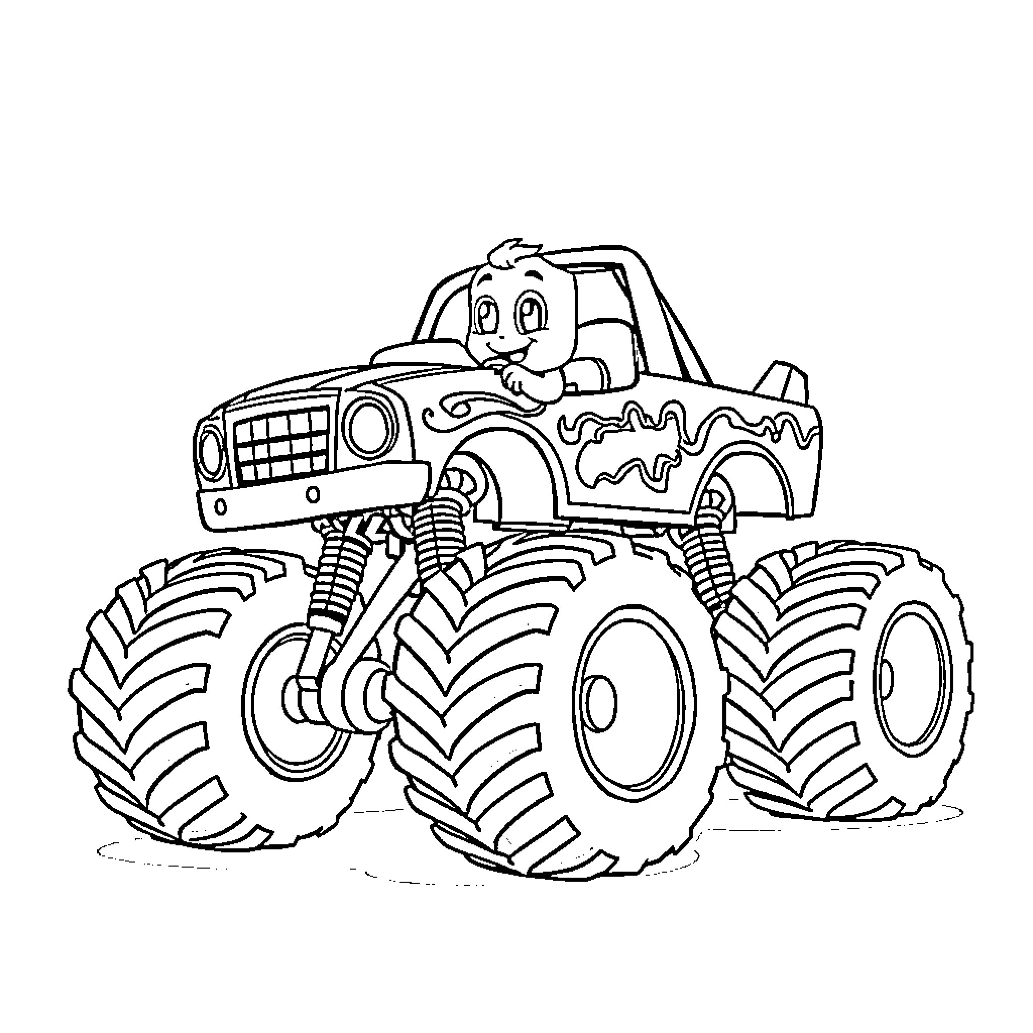 Bluey's Monster Truck Adventure Coloring Page (free black-and-white line drawing printable PDF for all, from beginners to advanced learners, including children, teens, adults, and seniors)