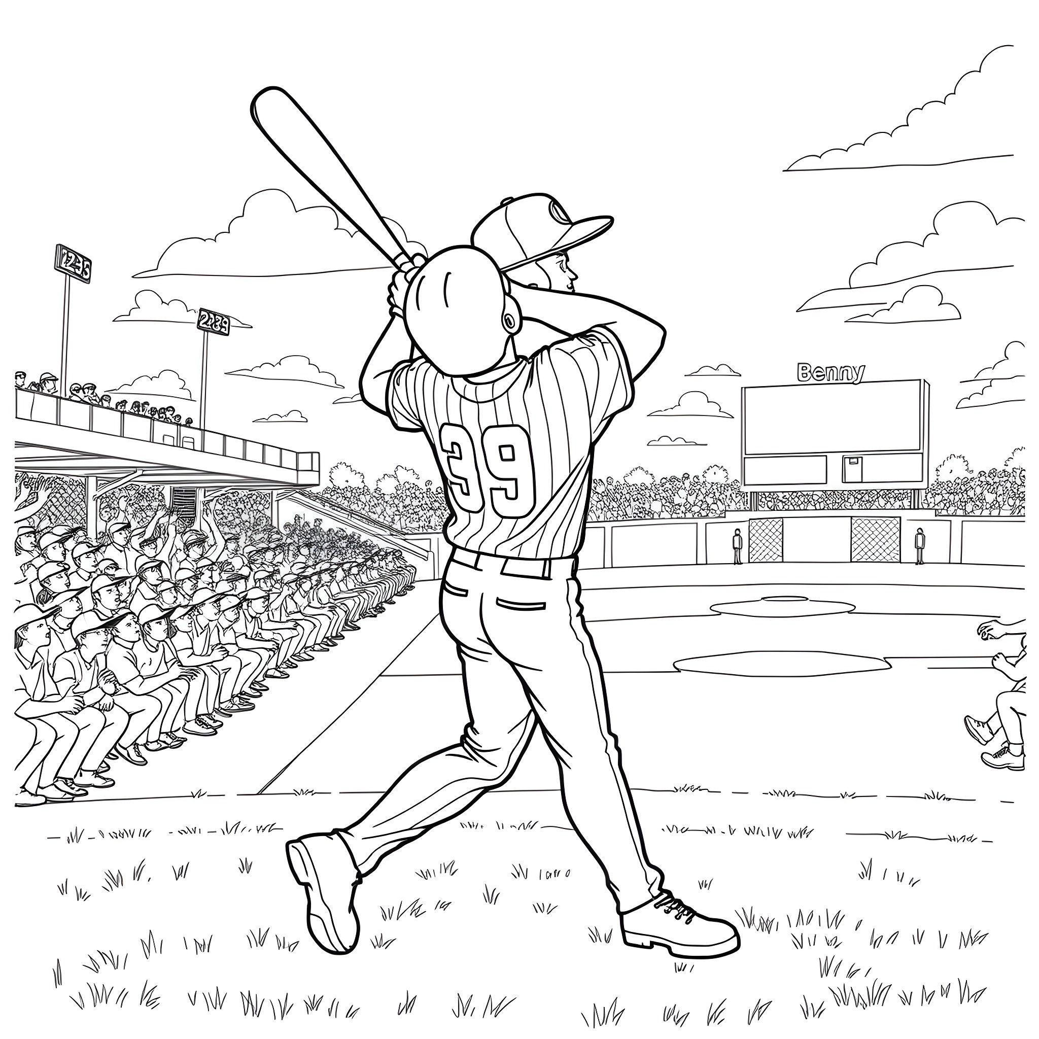 Benny the Jet's Homerun Swing at the Ballpark Coloring Page (free black-and-white line drawing printable PDF for all, from beginners to advanced learners, including children, teens, adults, and seniors)