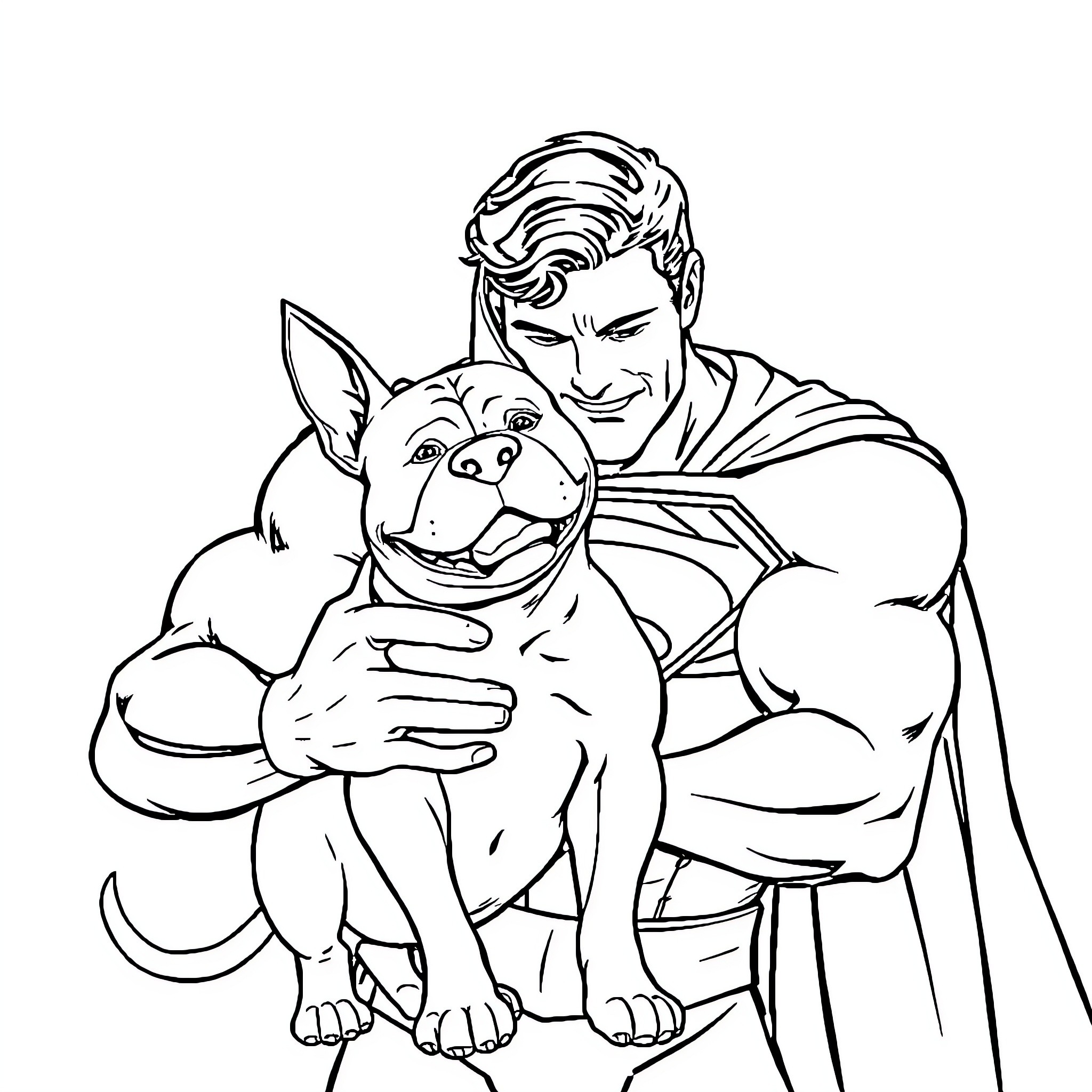 Superman protectively holding a happy puppy Coloring Page (free black-and-white line drawing printable PDF for all, from beginners to advanced learners, including children, teens, adults, and seniors)
