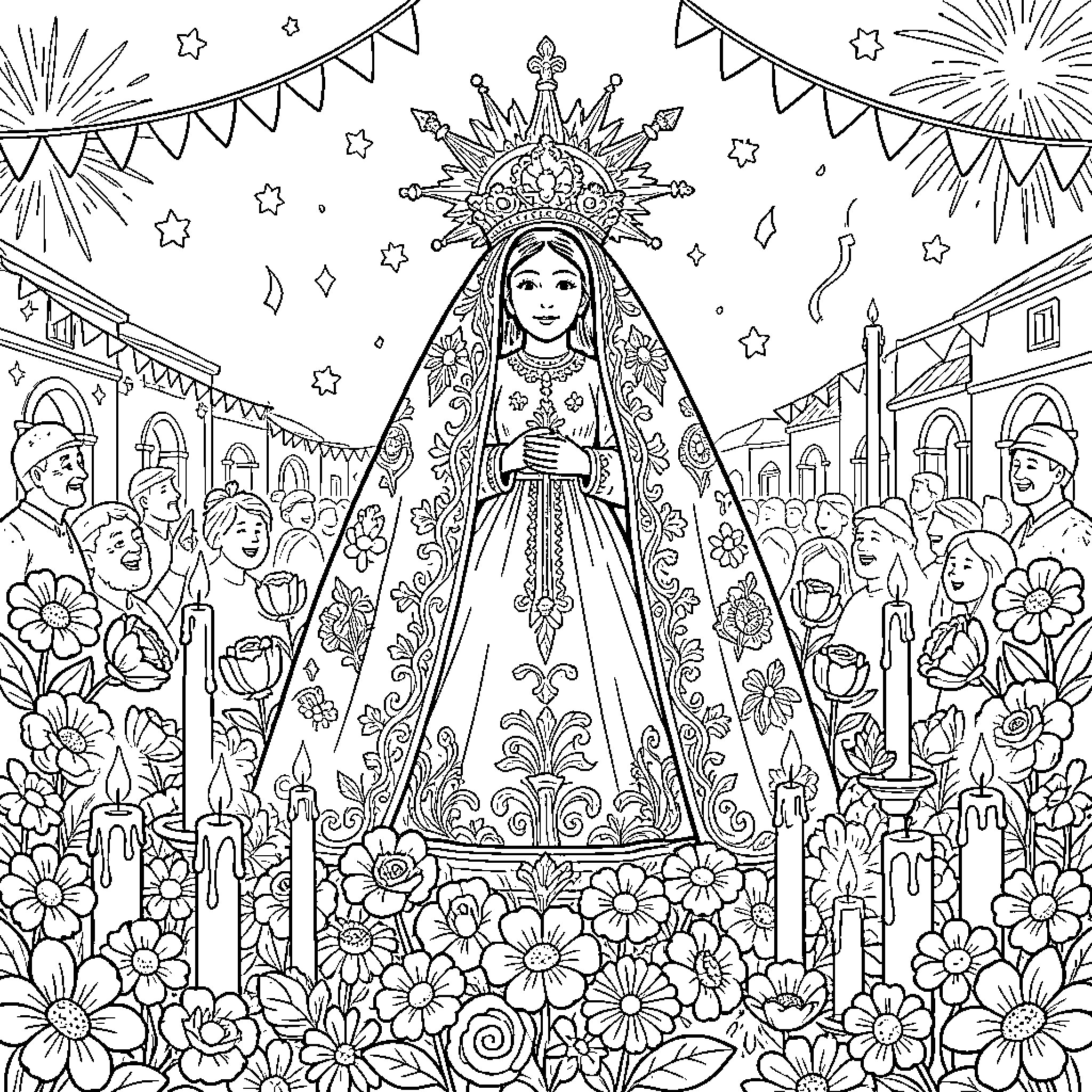Virgen del Rocío in a festive procession surrounded by devotees Coloring Page (free black-and-white line drawing printable PDF for all, from beginners to advanced learners, including children, teens, adults, and seniors)