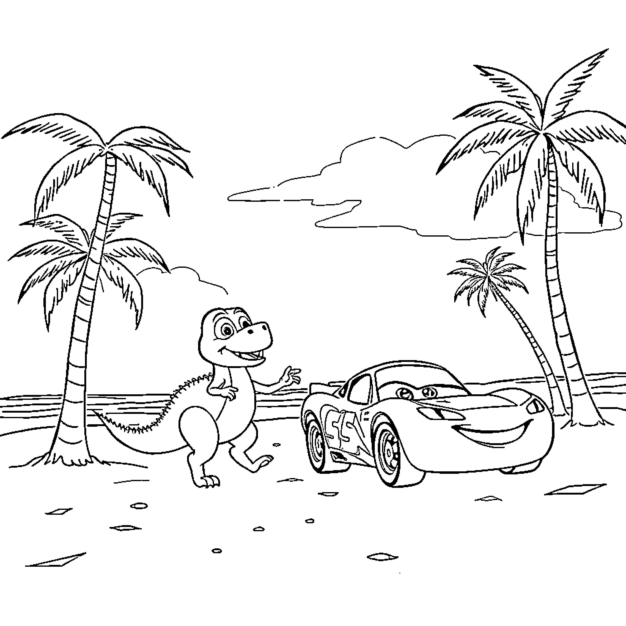 Lightning McQueen meets a friendly dinosaur on a tropical beach Coloring Page (free black-and-white line drawing printable PDF for all, from beginners to advanced learners, including children, teens, adults, and seniors)