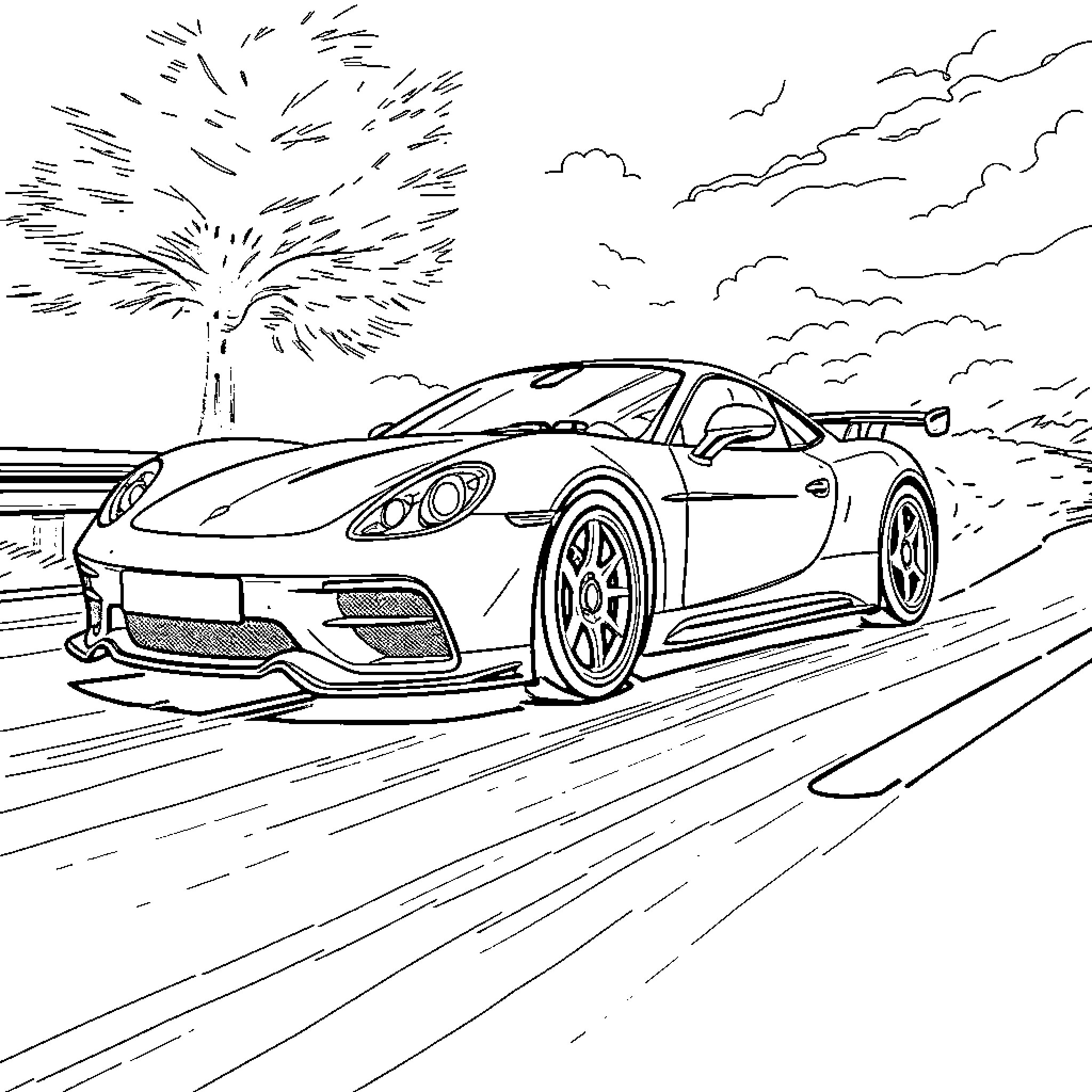 Race Car Speeding Through Scenic Landscape Coloring Page (free black-and-white line drawing printable PDF for all, from beginners to advanced learners, including children, teens, adults, and seniors)