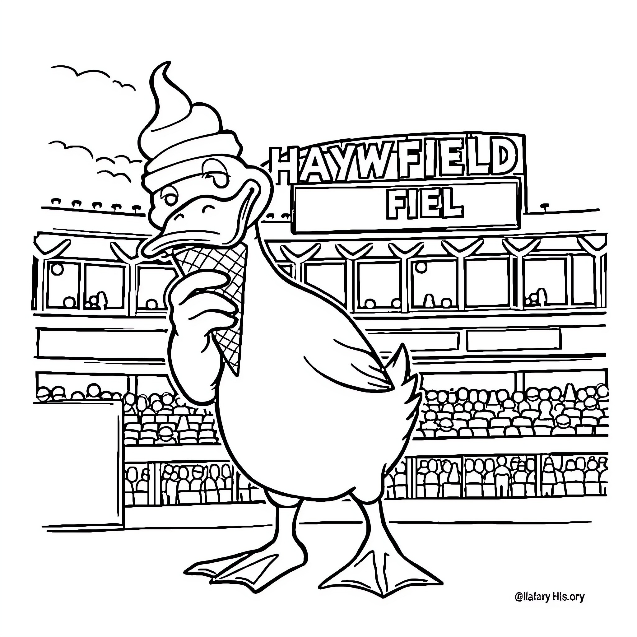 Duck at Haywood Fuel gas station Coloring Page (free black-and-white line drawing printable PDF for all, from beginners to advanced learners, including children, teens, adults, and seniors)