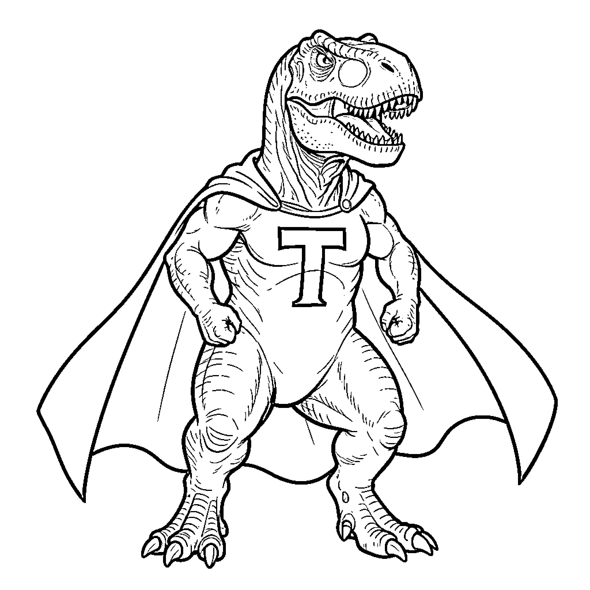 T-Rex wearing a superhero cape and costume Coloring Page (free black-and-white line drawing printable PDF for all, from beginners to advanced learners, including children, teens, adults, and seniors)