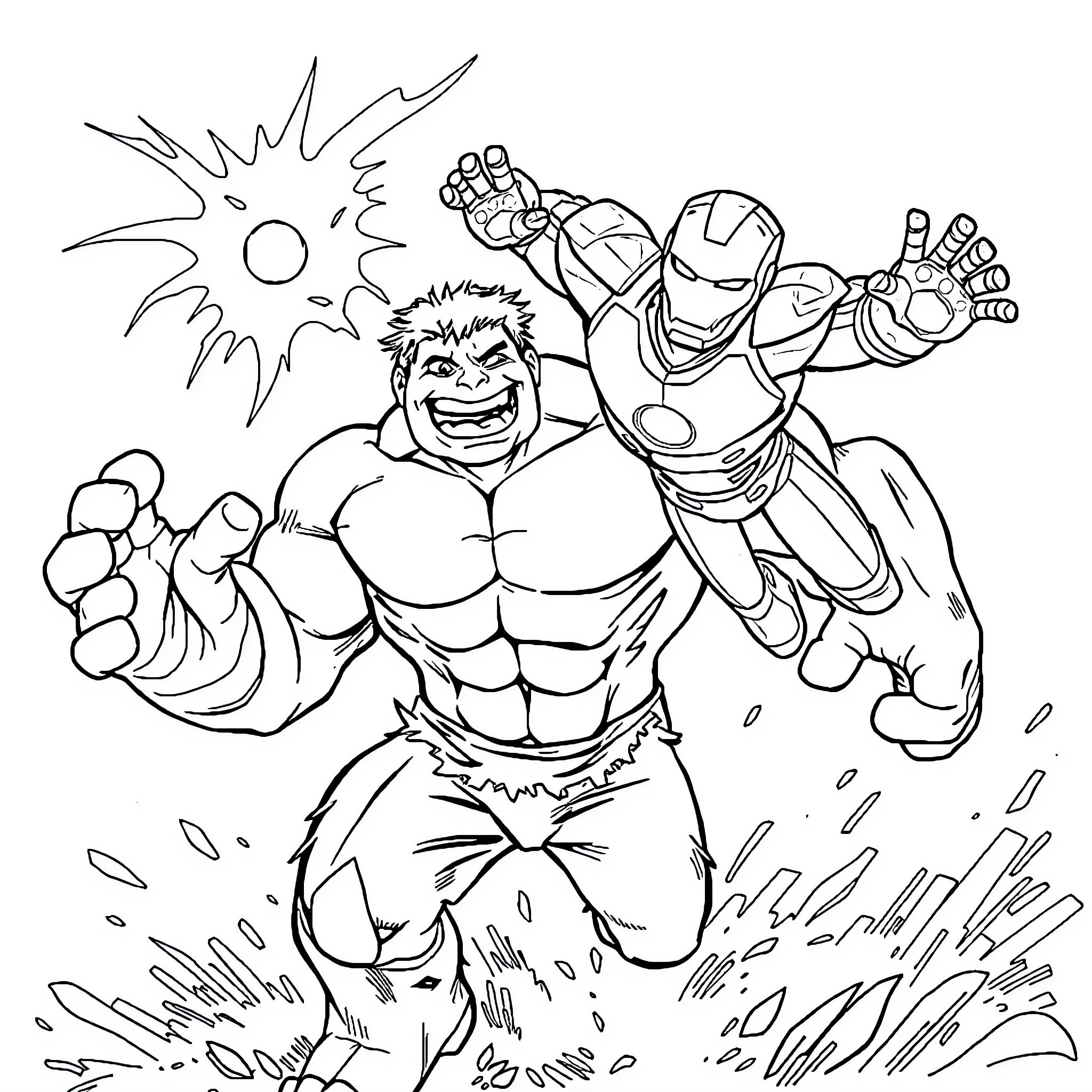 Hulk battling Iron Man in epic superhero clash Coloring Page (free black-and-white line drawing printable PDF for all, from beginners to advanced learners, including children, teens, adults, and seniors)