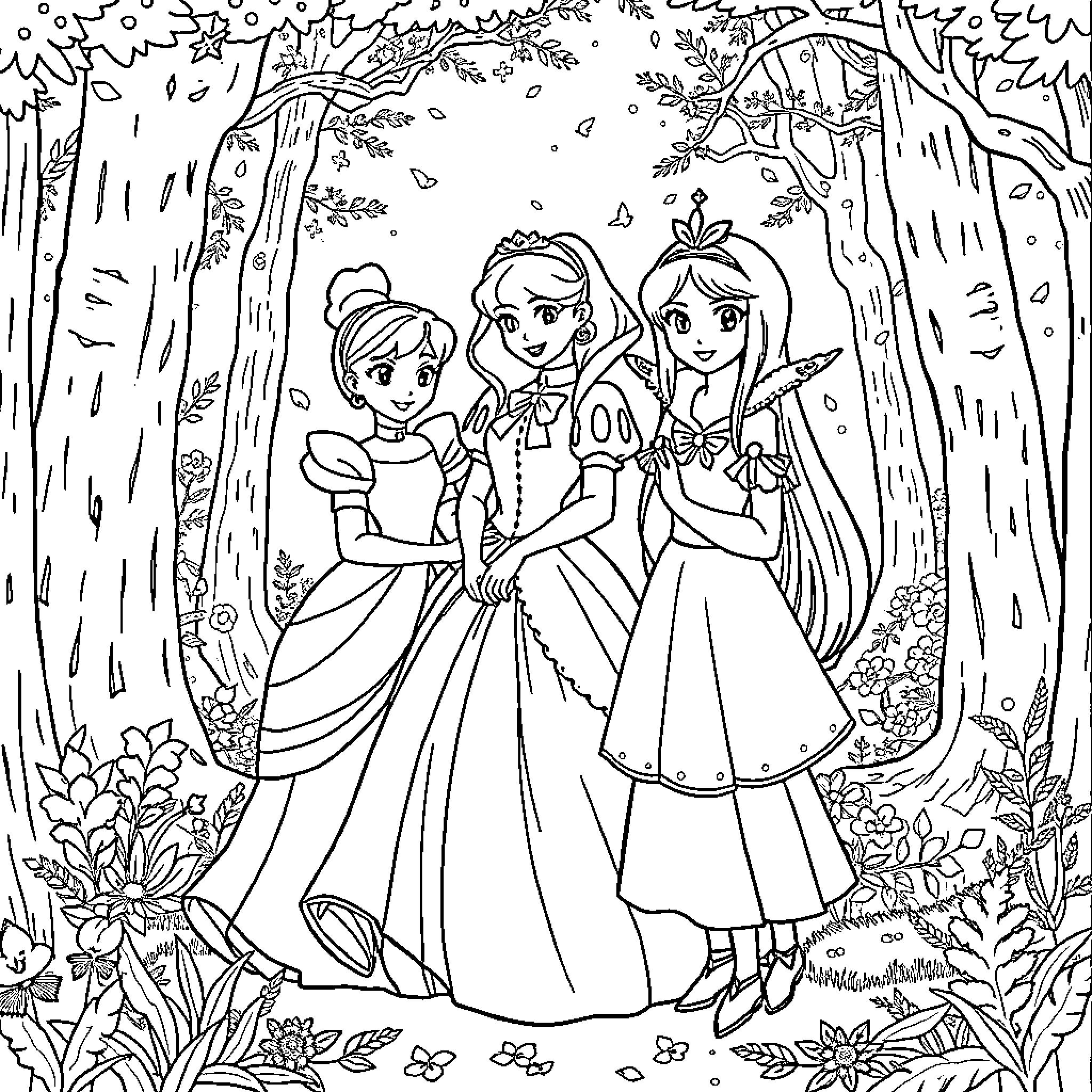 Cinderella and her fairy tale friends in a magical forest Coloring Page (free black-and-white line drawing printable PDF for all, from beginners to advanced learners, including children, teens, adults, and seniors)