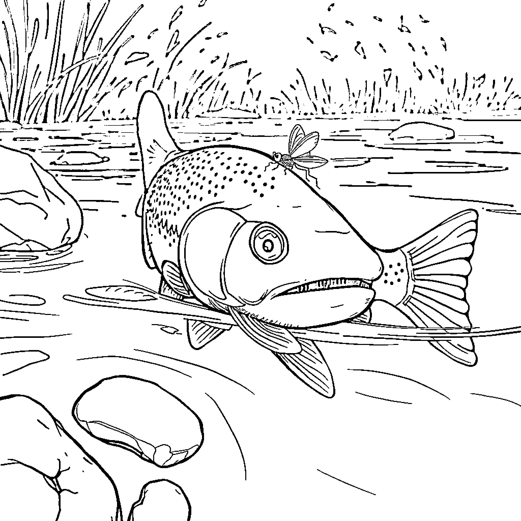 Mayfly swimming among the reeds in the pond Coloring Page (free black-and-white line drawing printable PDF for all, from beginners to advanced learners, including children, teens, adults, and seniors)