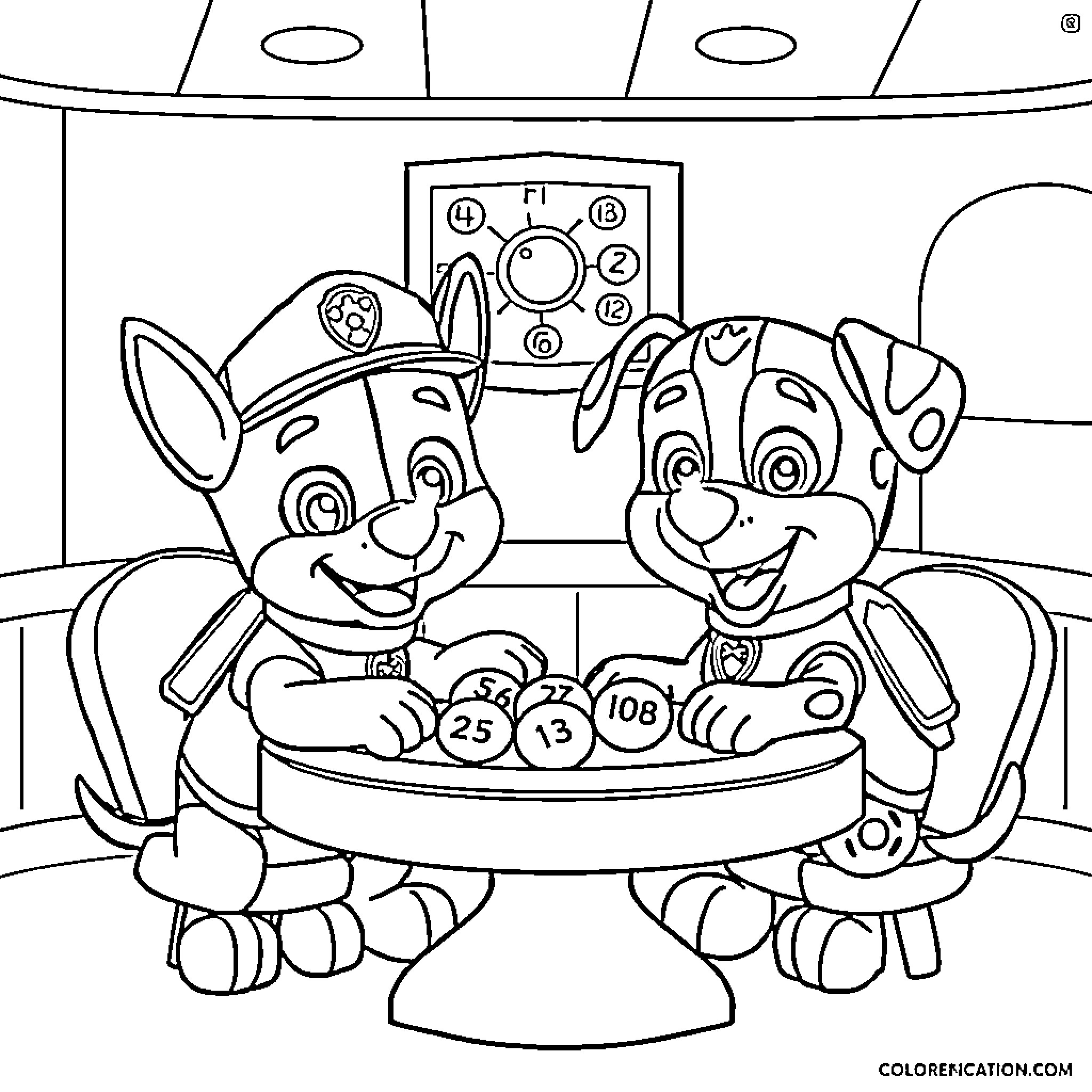 Paw Patrol Puppies Eagerly Playing with Toys Coloring Page (free black-and-white line drawing printable PDF for all, from beginners to advanced learners, including children, teens, adults, and seniors)