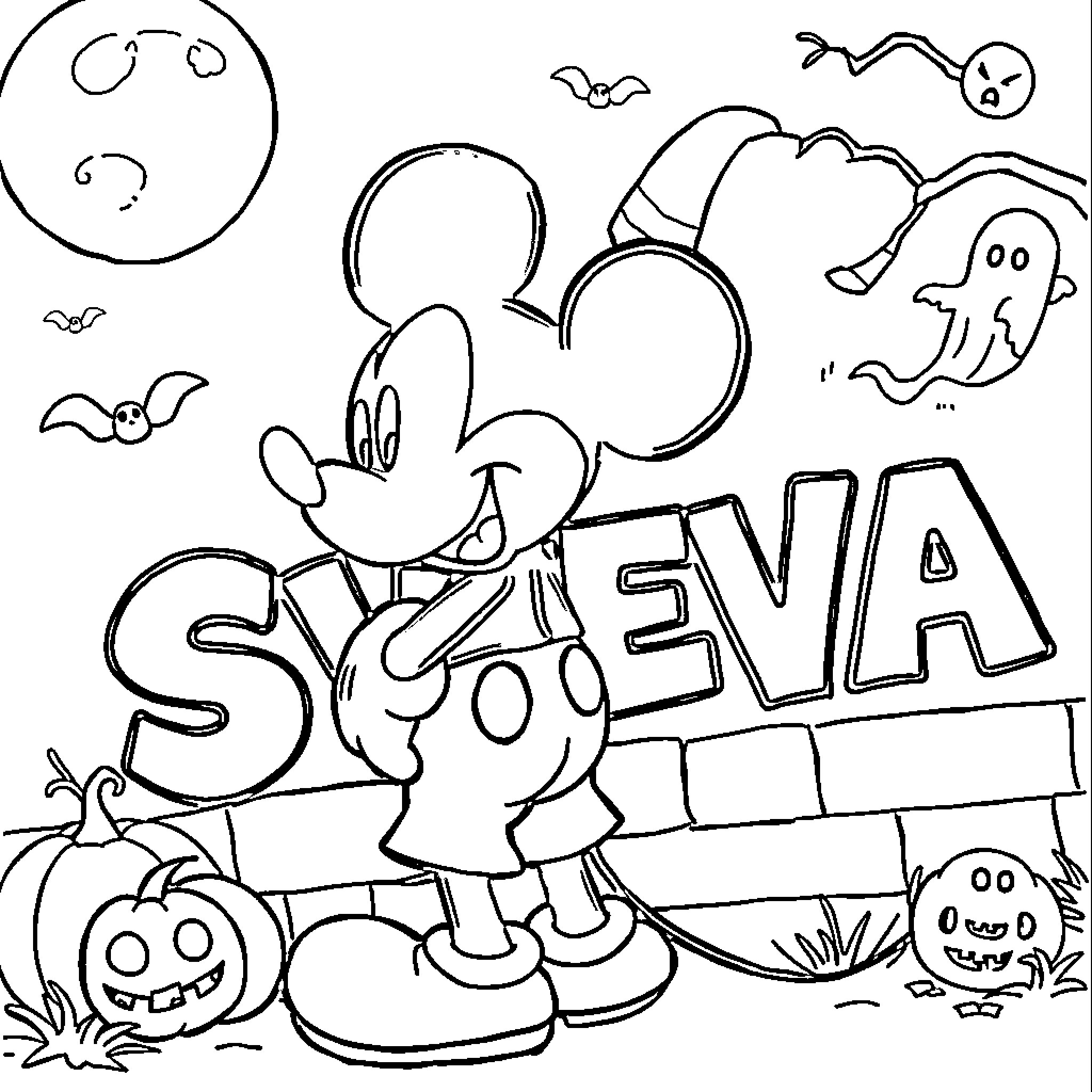 Mickey enjoys a spooky Halloween adventure Coloring Page (free black-and-white line drawing printable PDF for all, from beginners to advanced learners, including children, teens, adults, and seniors)