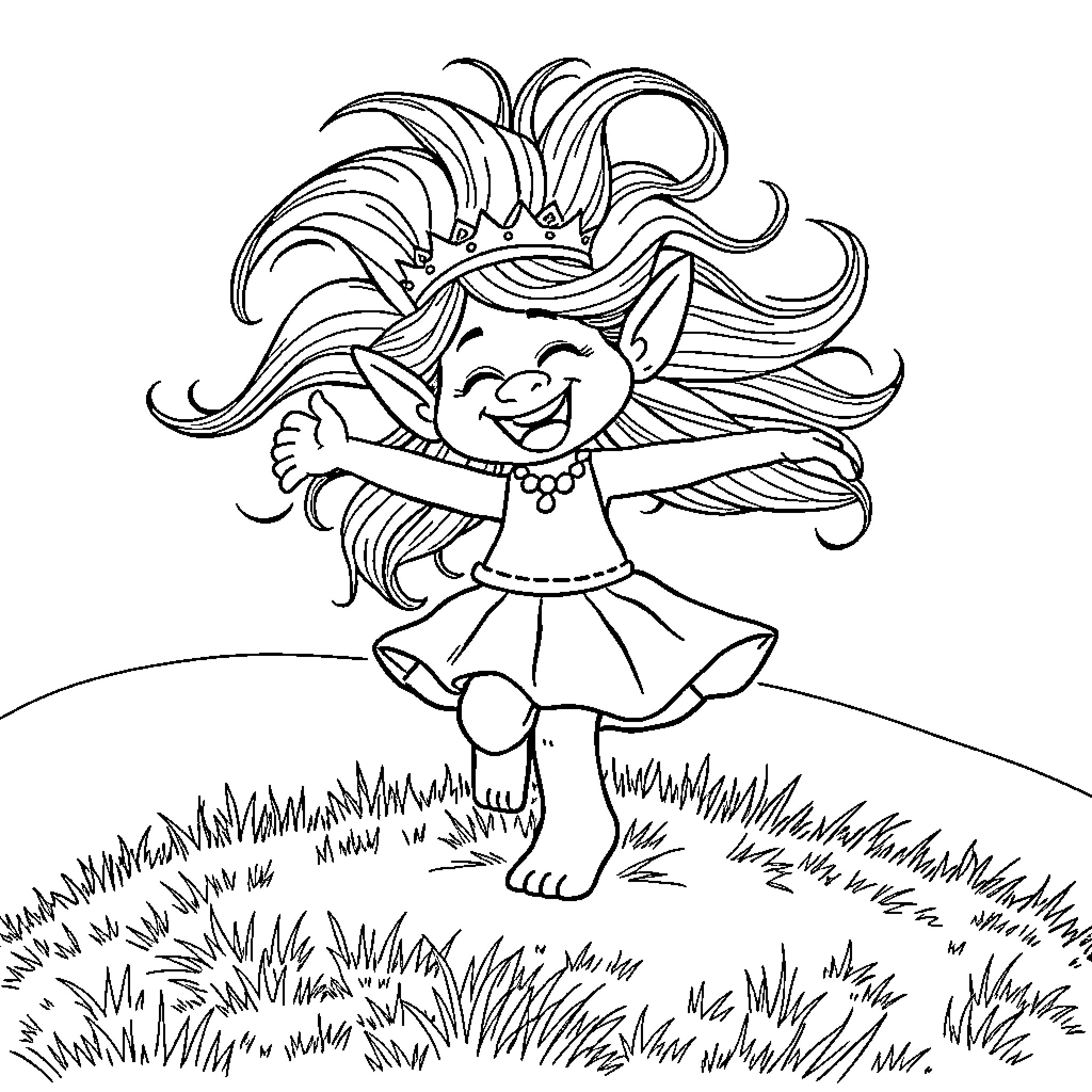 Poppy dancing joyfully with arms outstretched in a field Coloring Page (free black-and-white line drawing printable PDF for all, from beginners to advanced learners, including children, teens, adults, and seniors)