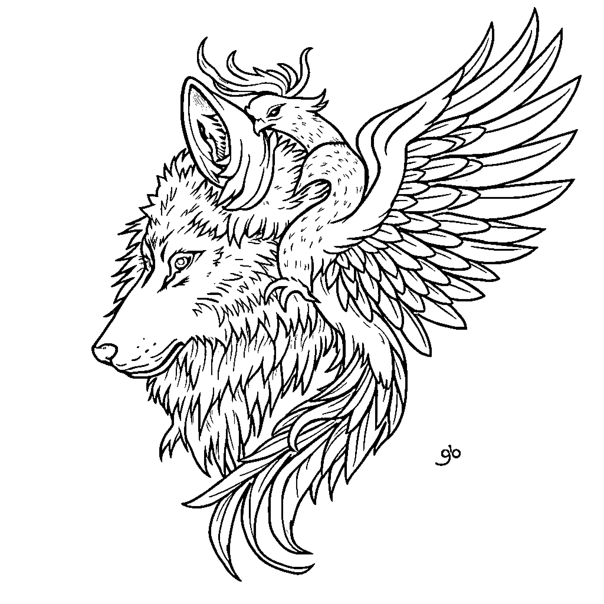 Wolf with majestic wings in flight Coloring Page (free black-and-white line drawing printable PDF for all, from beginners to advanced learners, including children, teens, adults, and seniors)
