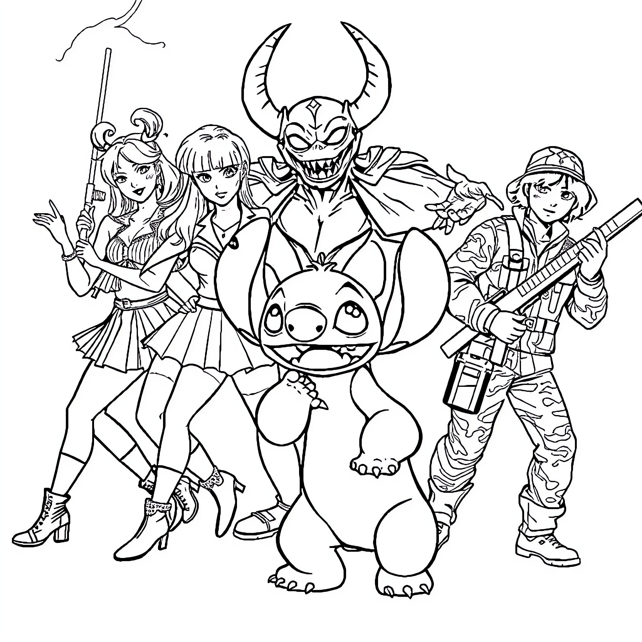 K Pop Superhero Fantasy Group Portrait Coloring Page (free black-and-white line drawing printable PDF for all, from beginners to advanced learners, including children, teens, adults, and seniors)