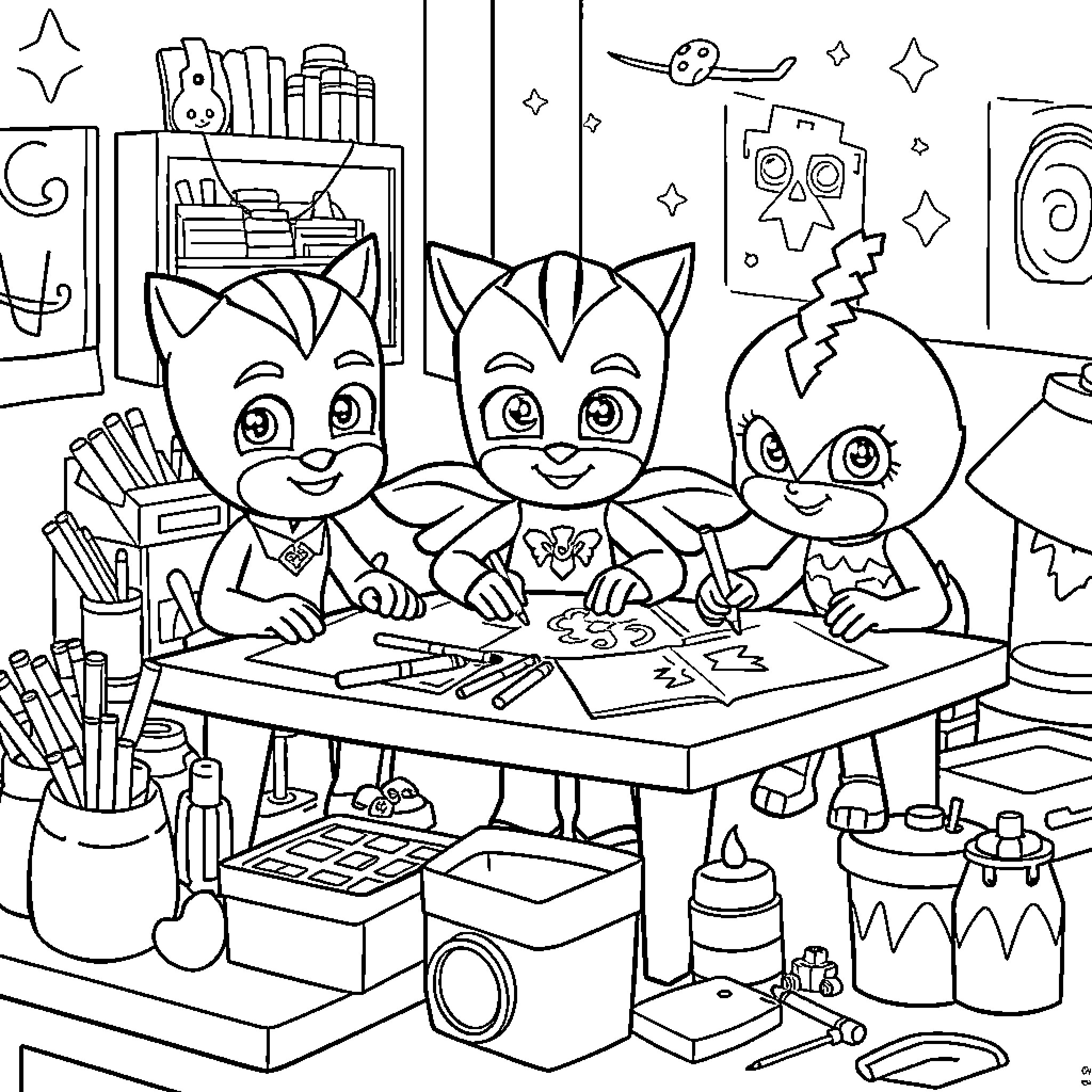 PJ Masks Trio Drawing and Creating Crafts Coloring Page (free black-and-white line drawing printable PDF for all, from beginners to advanced learners, including children, teens, adults, and seniors)
