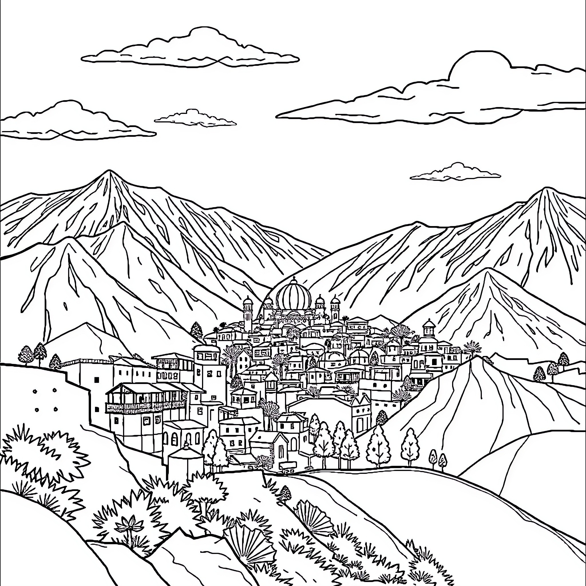 Pakistan: Vibrant Mountain Town with Domed Roofs Coloring Page (free black-and-white line drawing printable PDF for all, from beginners to advanced learners, including children, teens, adults, and seniors)