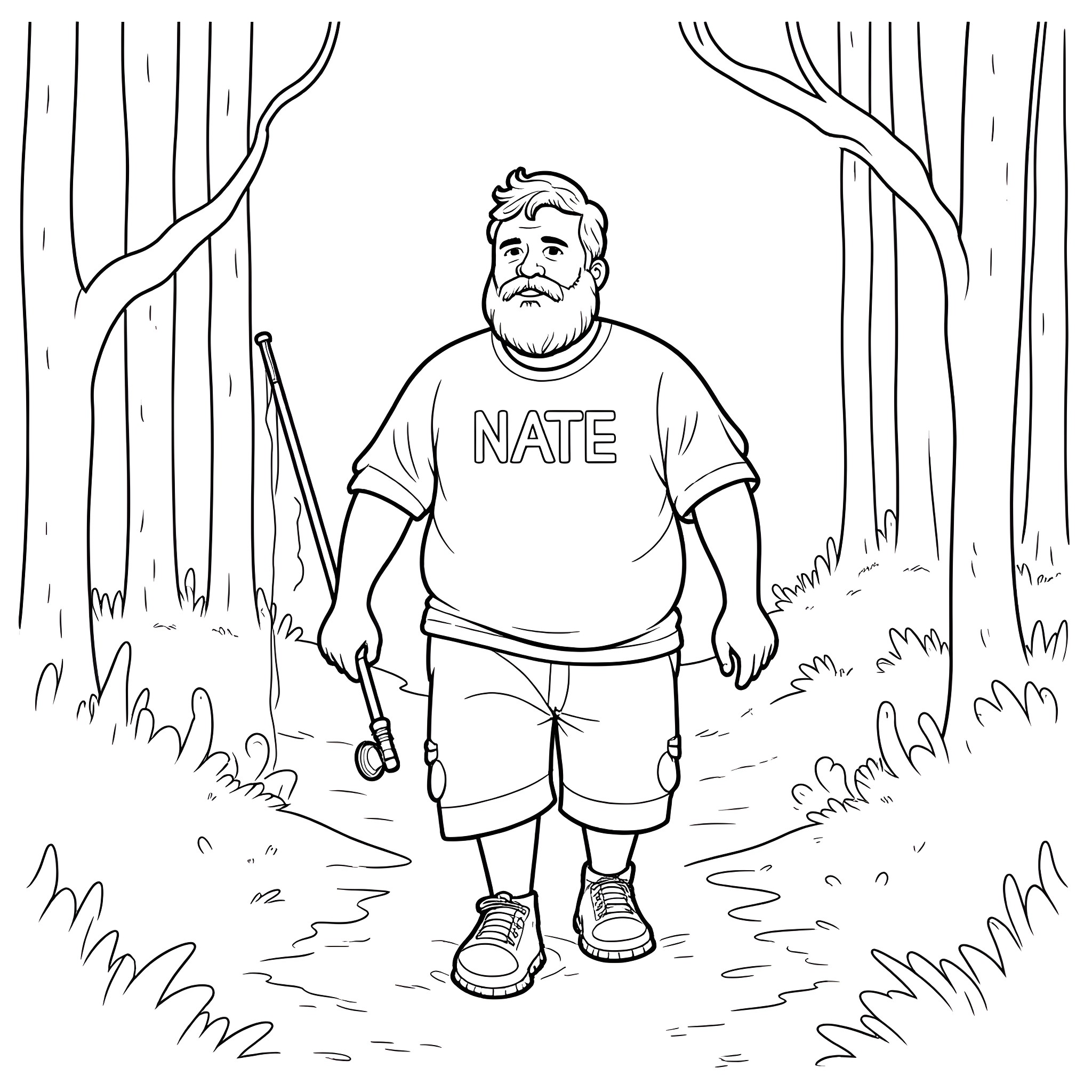 Man hiking in the forest with a NATE t-shirt Coloring Page (free black-and-white line drawing printable PDF for all, from beginners to advanced learners, including children, teens, adults, and seniors)