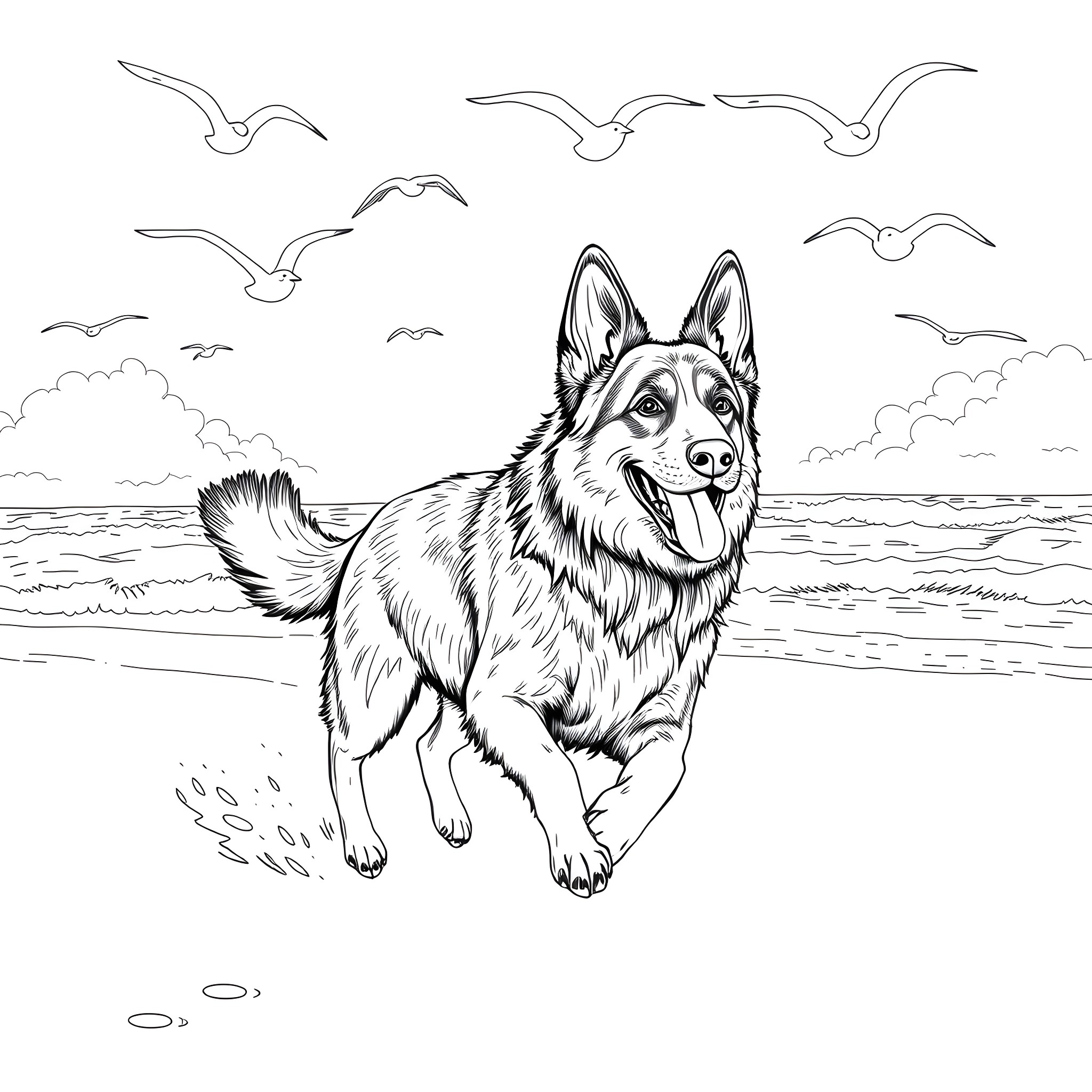 German Shepherd playing happily on the beach Coloring Page (free black-and-white line drawing printable PDF for all, from beginners to advanced learners, including children, teens, adults, and seniors)