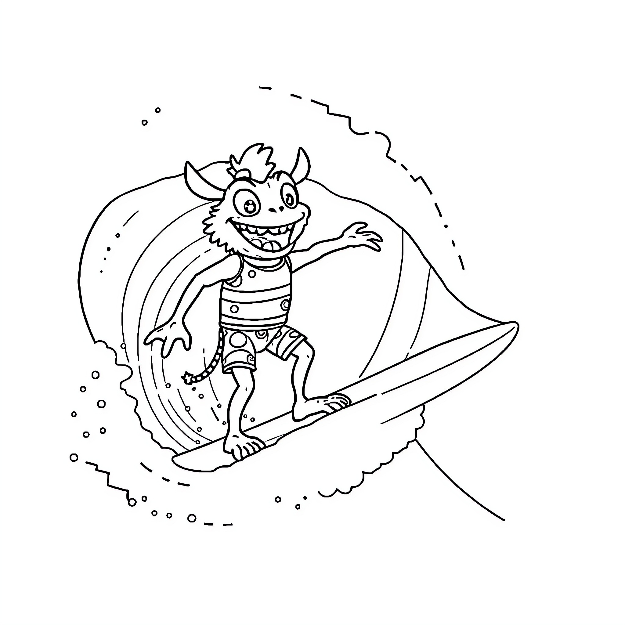 Labubu Monster surfing on a wave Coloring Page (free black-and-white line drawing printable PDF for all, from beginners to advanced learners, including children, teens, adults, and seniors)
