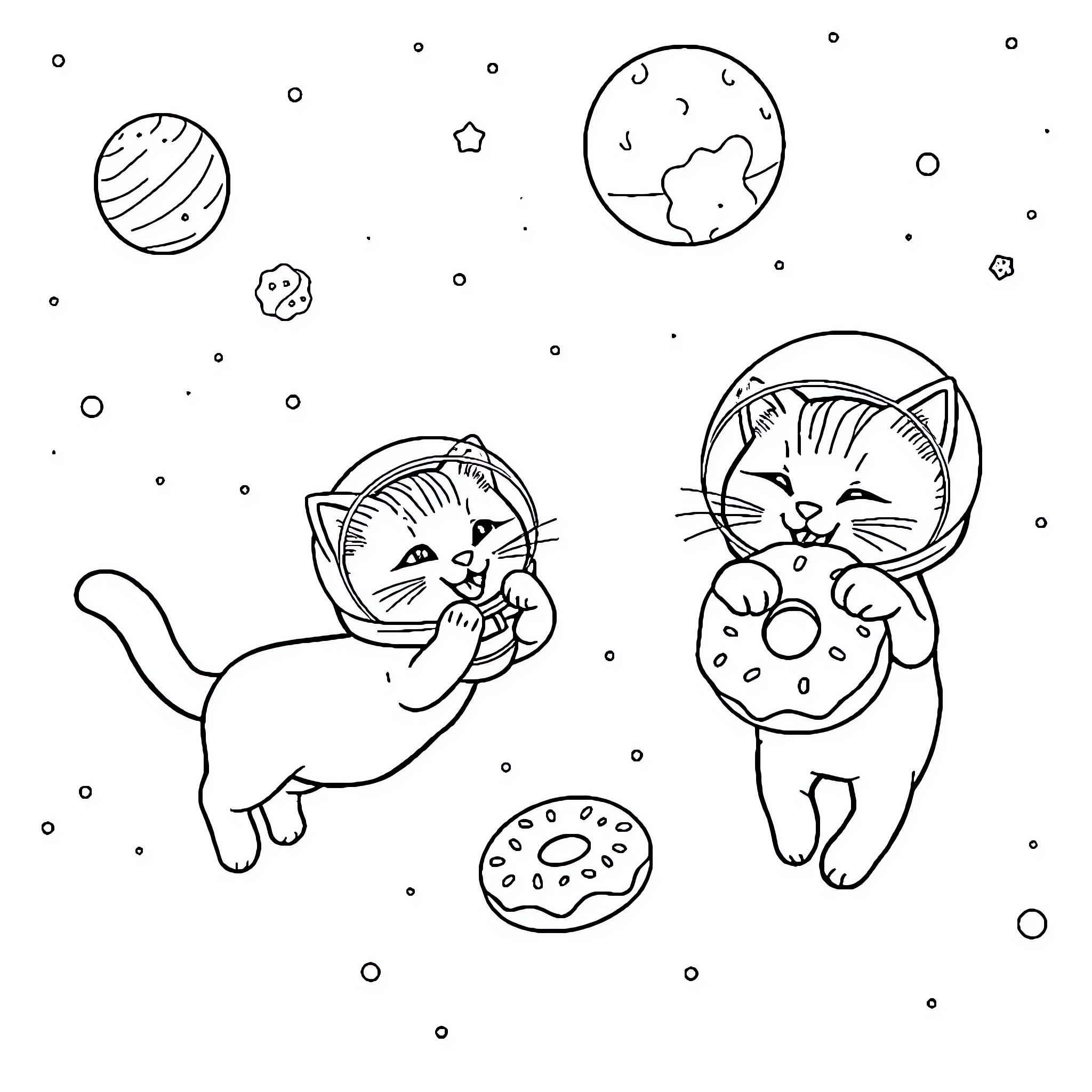 Cats Floating in Space with Donuts Coloring Page (free black-and-white line drawing printable PDF for all, from beginners to advanced learners, including children, teens, adults, and seniors)