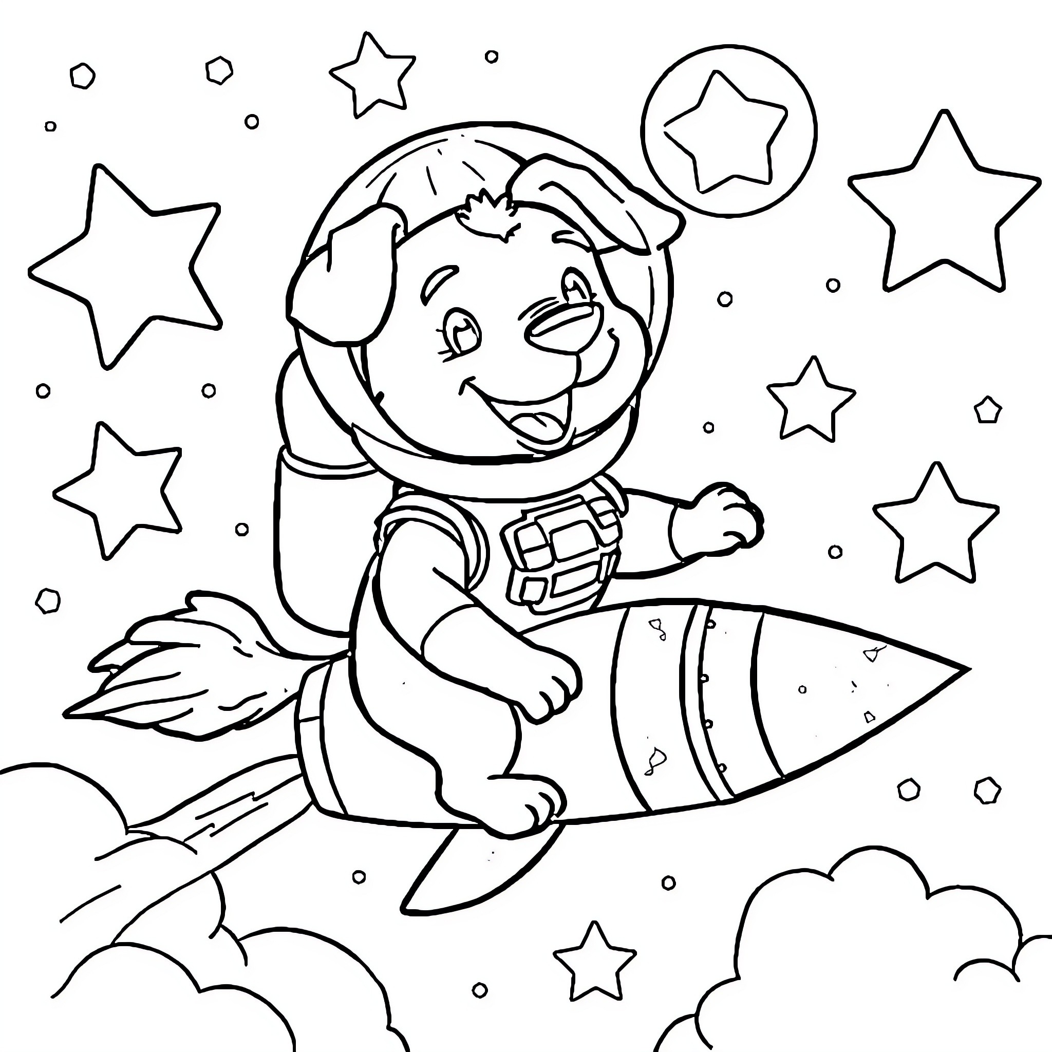 Dog astronaut riding rocket among stars Coloring Page (free black-and-white line drawing printable PDF for all, from beginners to advanced learners, including children, teens, adults, and seniors)