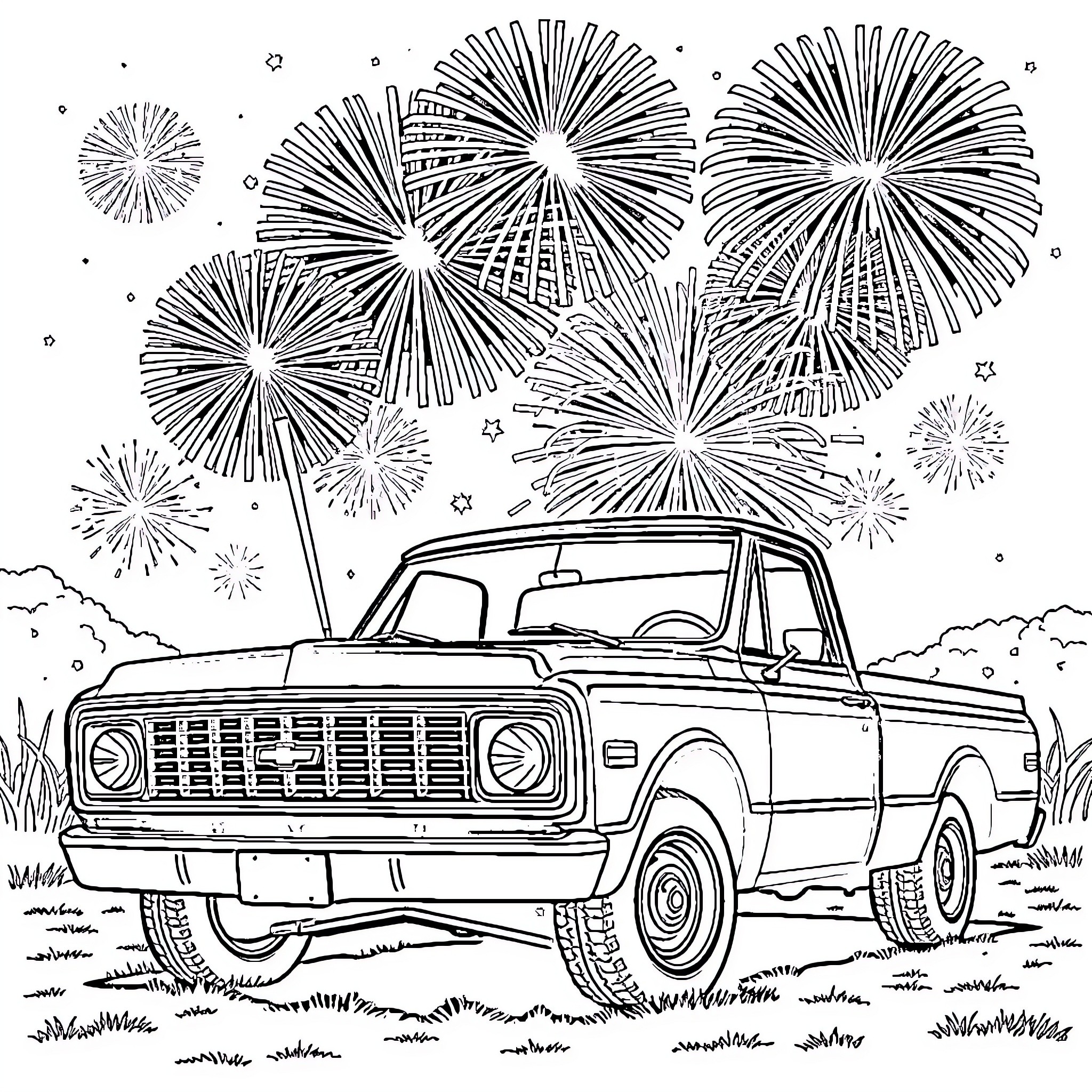 Pickup truck viewing celebratory fireworks display Coloring Page (free black-and-white line drawing printable PDF for all, from beginners to advanced learners, including children, teens, adults, and seniors)
