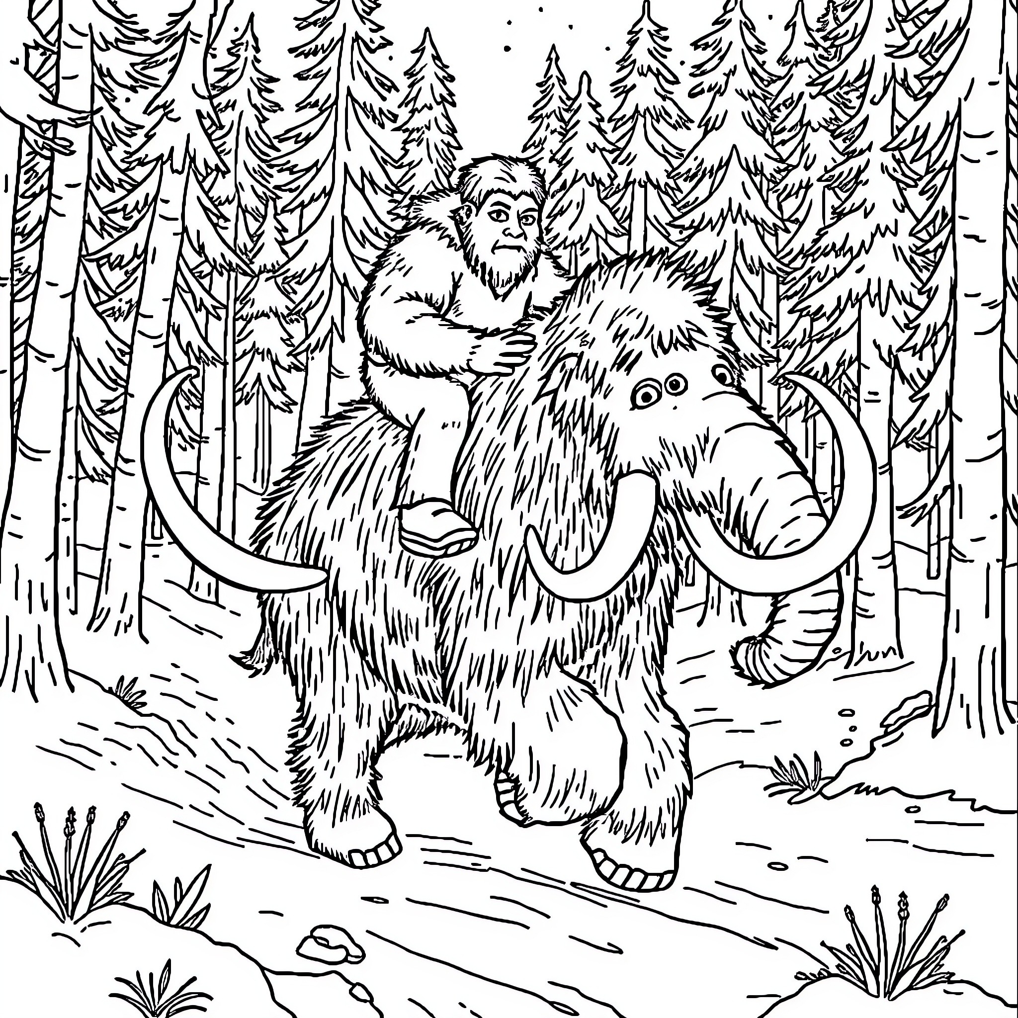 Sasquatch riding a woolly mammoth in the forest Coloring Page (free black-and-white line drawing printable PDF for all, from beginners to advanced learners, including children, teens, adults, and seniors)
