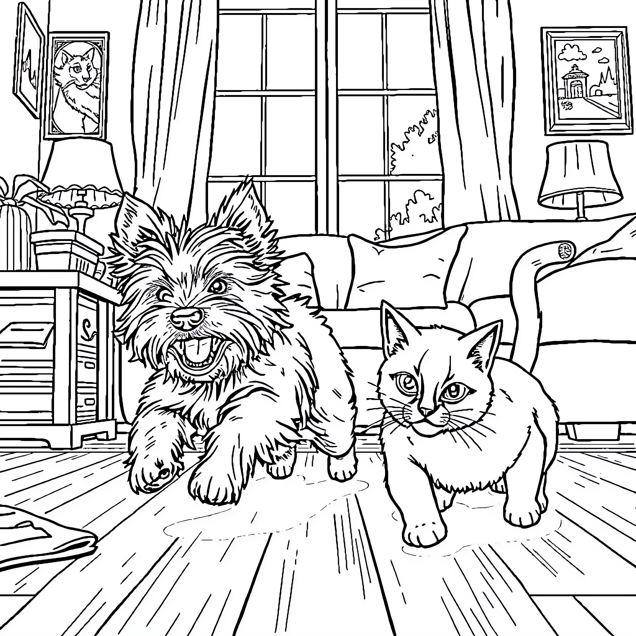 Cairn Terrier and Feline Friends in Cozy Interior Coloring Page (free black-and-white line drawing printable PDF for all, from beginners to advanced learners, including children, teens, adults, and seniors)