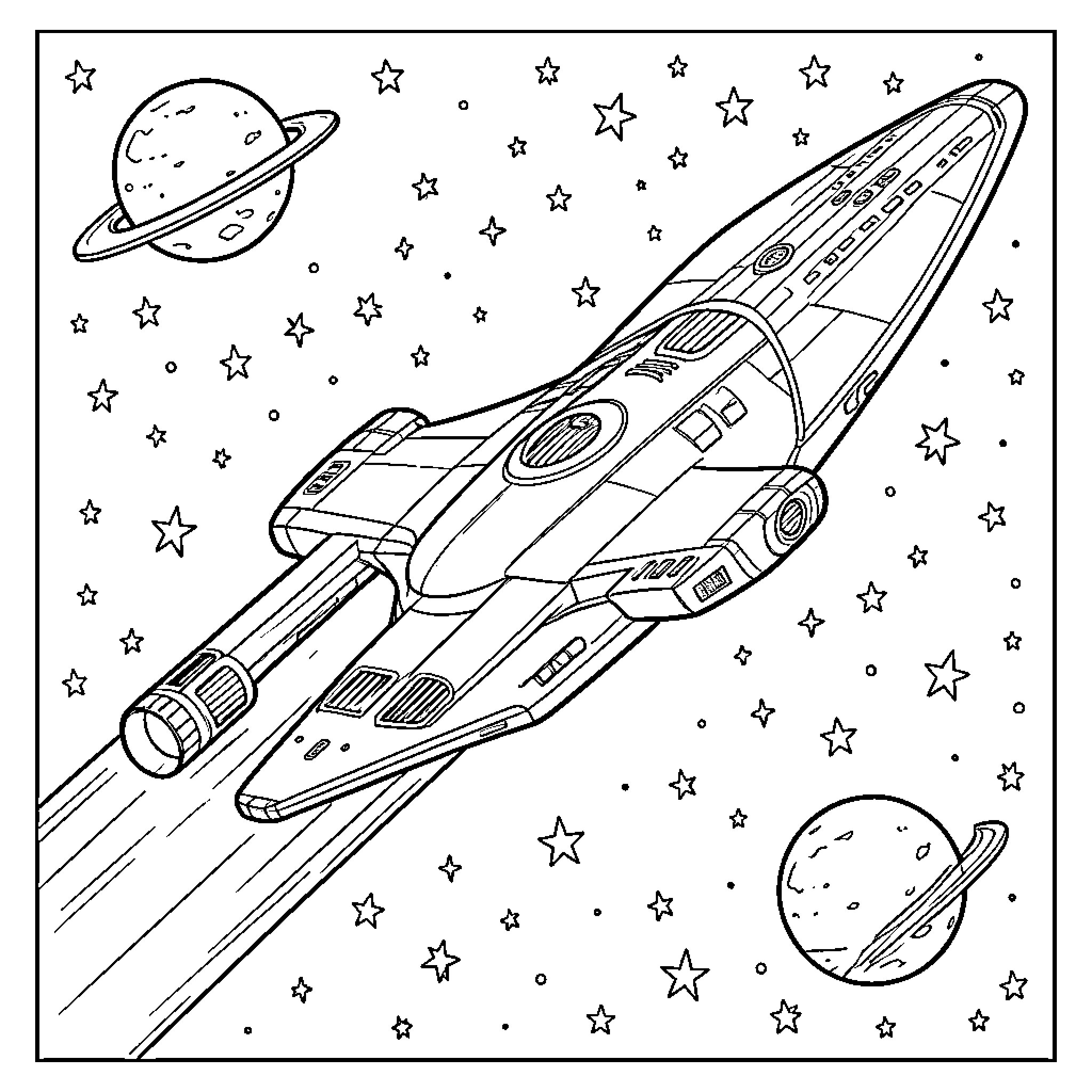 Spaceship zipping through starry outer space Coloring Page (free black-and-white line drawing printable PDF for all, from beginners to advanced learners, including children, teens, adults, and seniors)