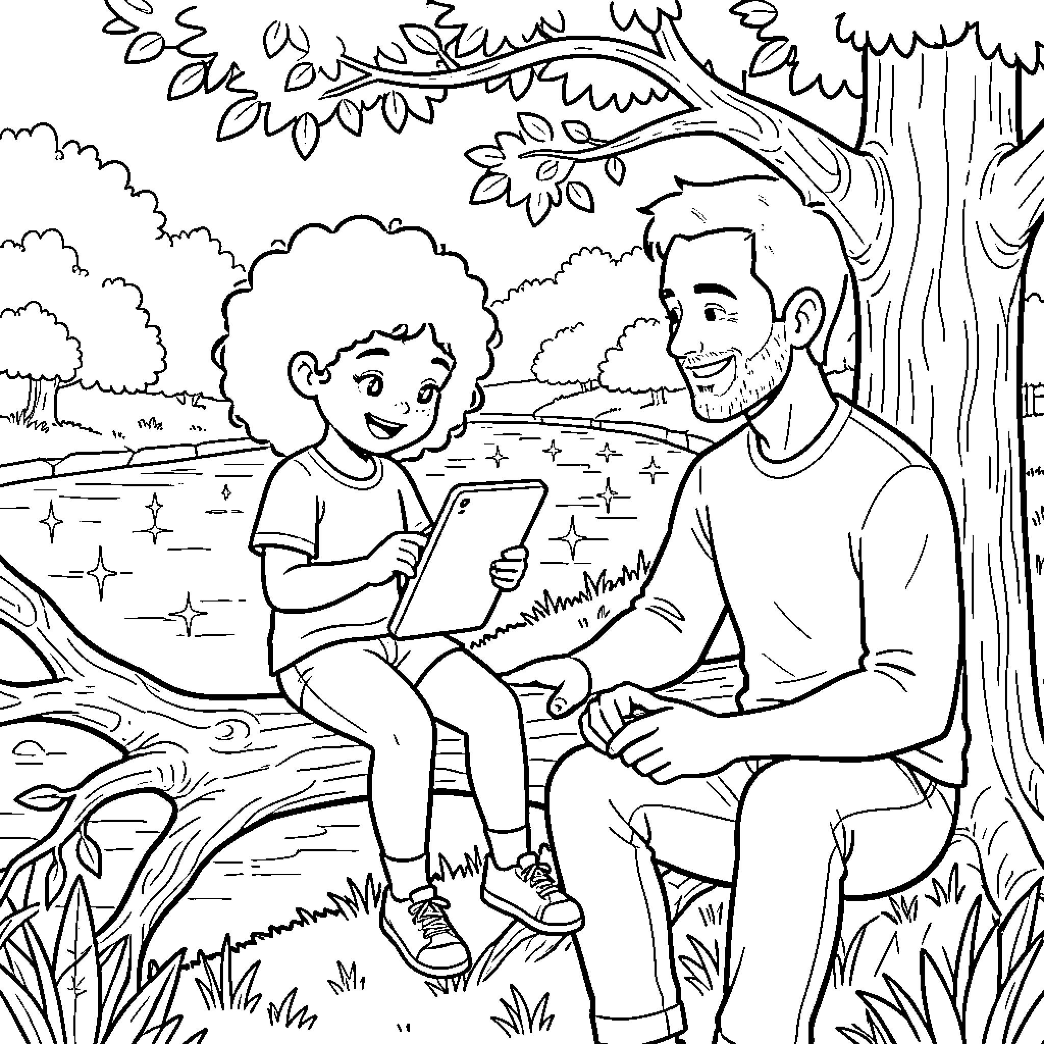 Girl and man sharing a moment outdoors Coloring Page (free black-and-white line drawing printable PDF for all, from beginners to advanced learners, including children, teens, adults, and seniors)