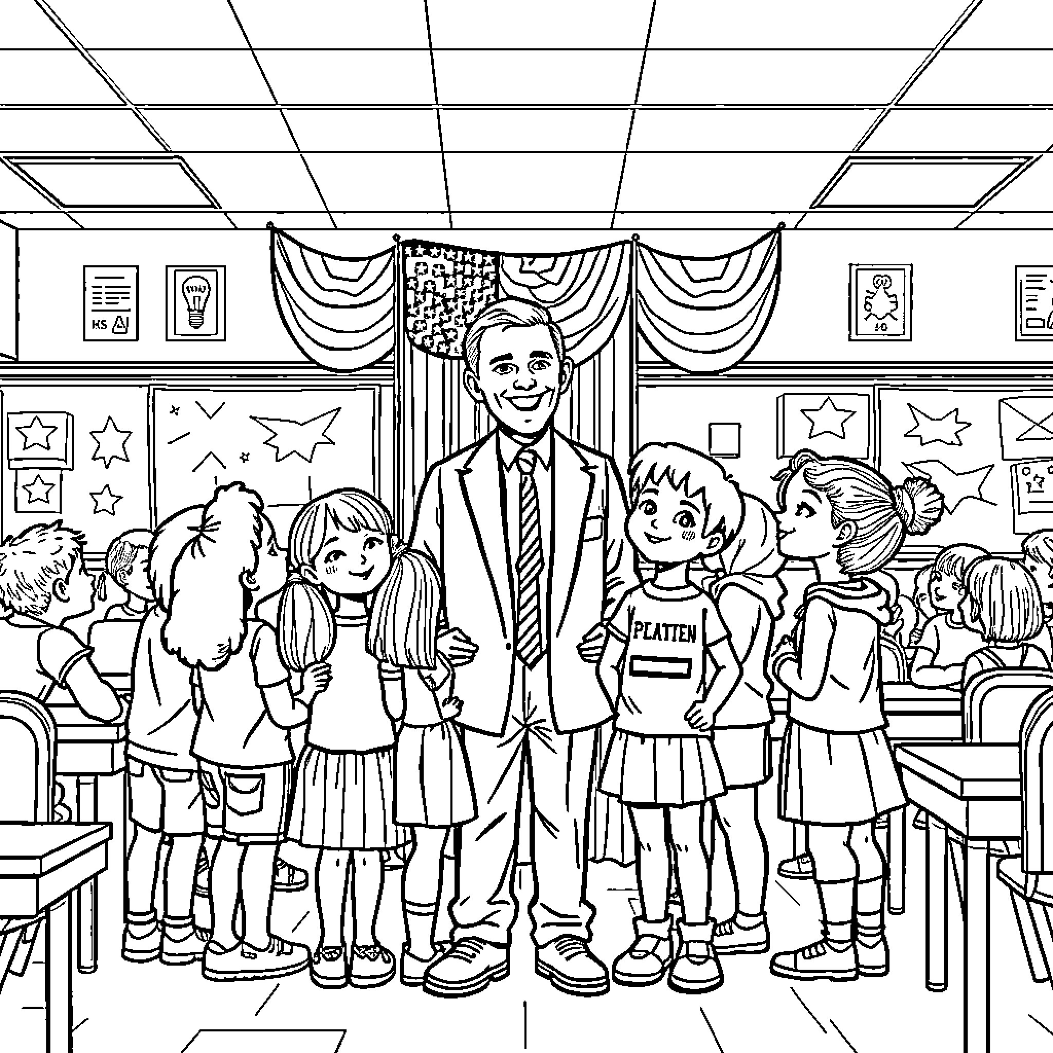Kid students meet cheerful teacher in classroom Coloring Page (free black-and-white line drawing printable PDF for all, from beginners to advanced learners, including children, teens, adults, and seniors)