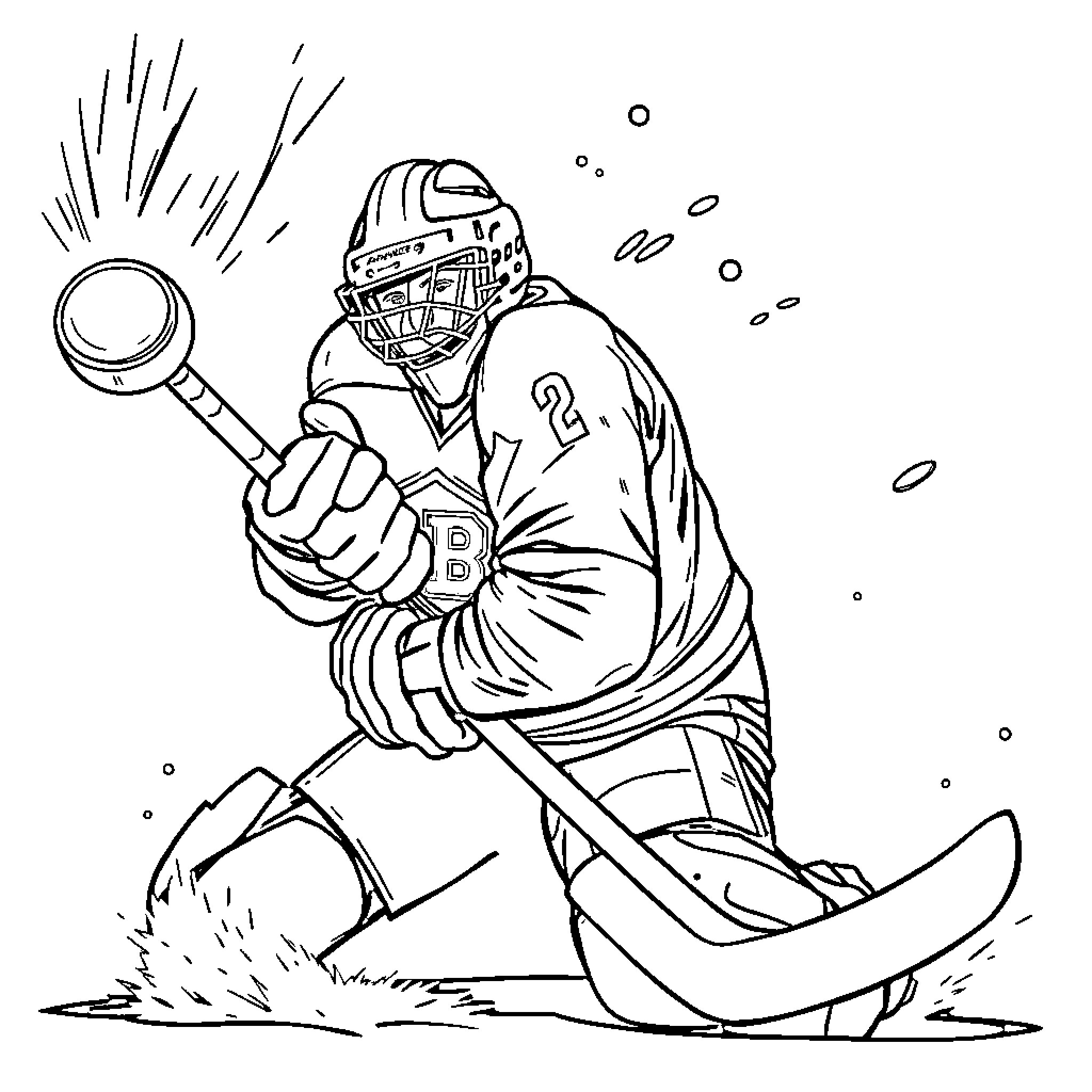 Hockey Goalie Blocking the Puck with Intensity Coloring Page (free black-and-white line drawing printable PDF for all, from beginners to advanced learners, including children, teens, adults, and seniors)