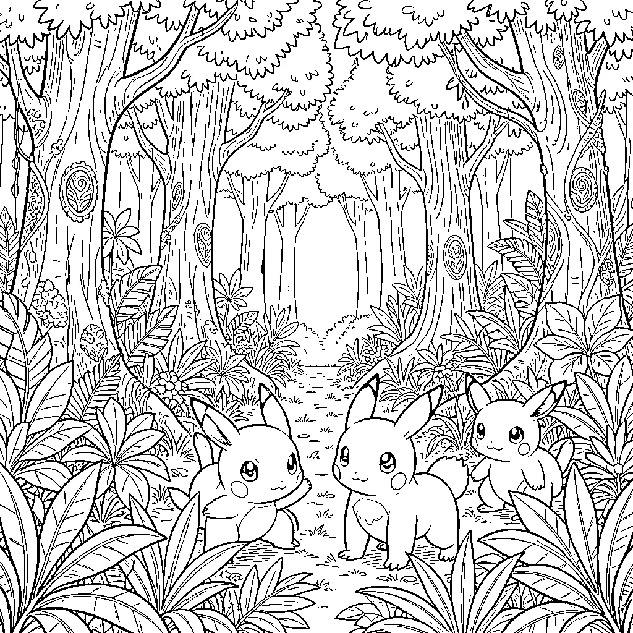 Pokémon Bunnies Exploring the Enchanted Forest Coloring Page (free black-and-white line drawing printable PDF for all, from beginners to advanced learners, including children, teens, adults, and seniors)