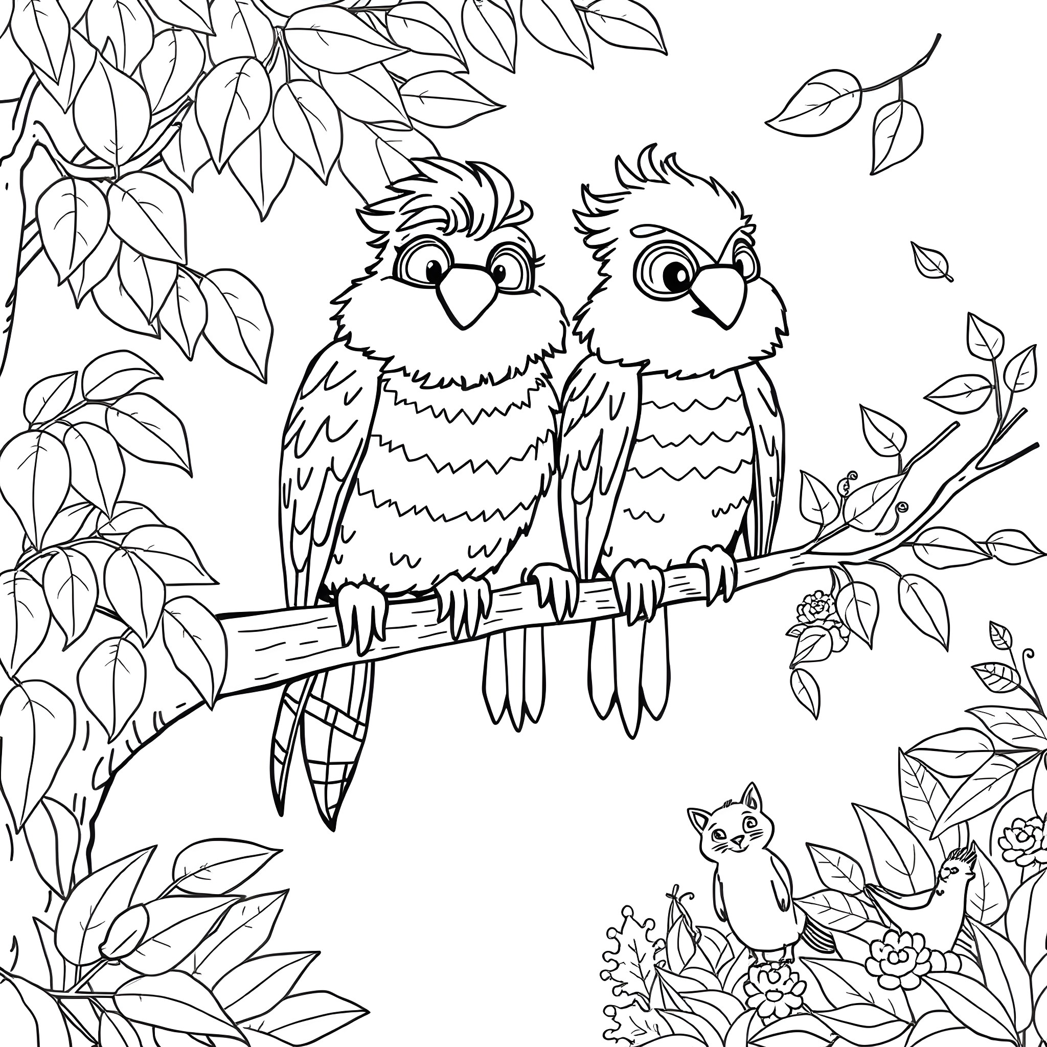 Bird Pair Perched on a Branch with Leaves Coloring Page (free black-and-white line drawing printable PDF for all, from beginners to advanced learners, including children, teens, adults, and seniors)